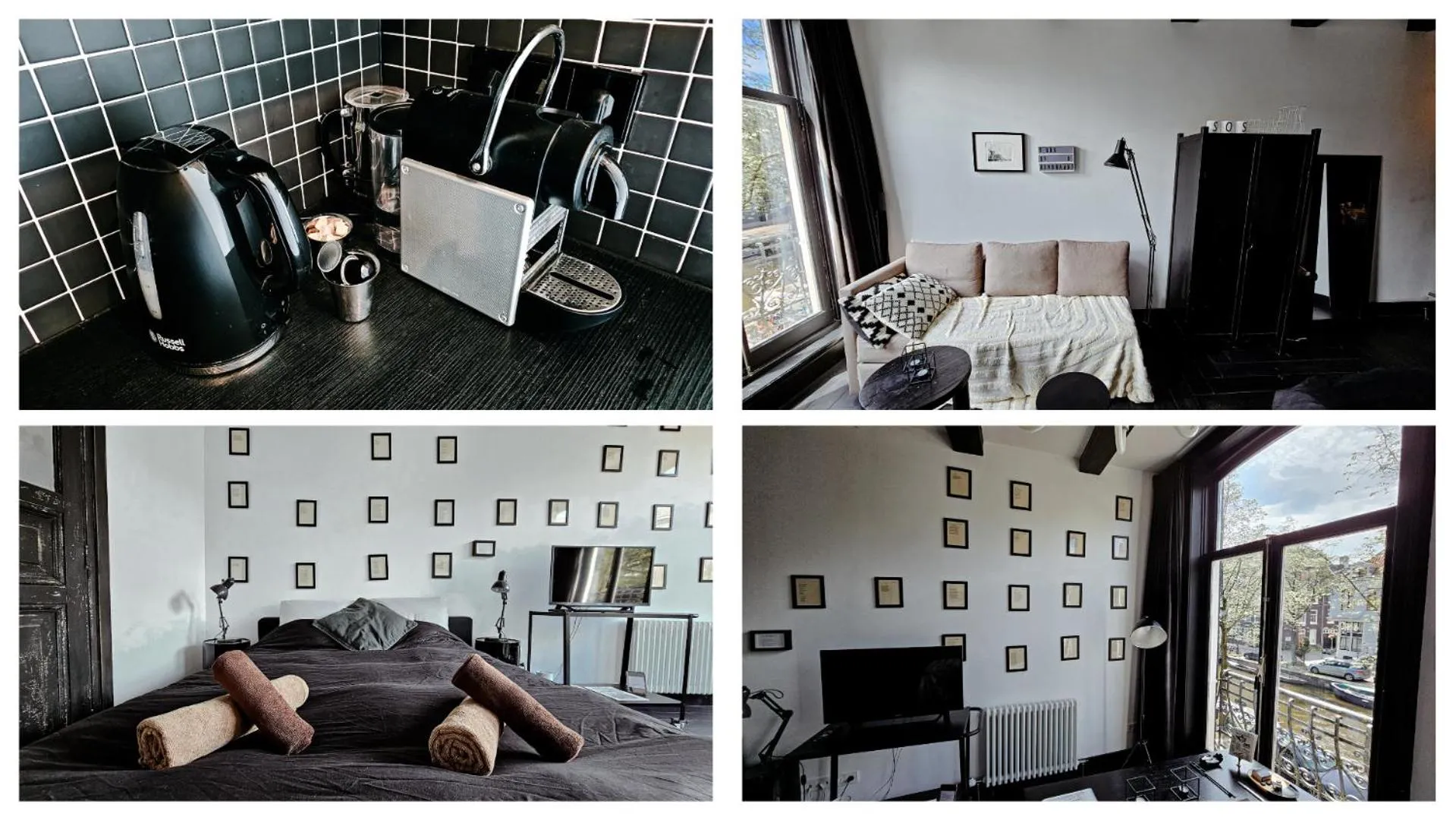 Bed in JoyJoyJoy the Black Beauty ecolicious studio in a canal house with French balcony with view on the canals