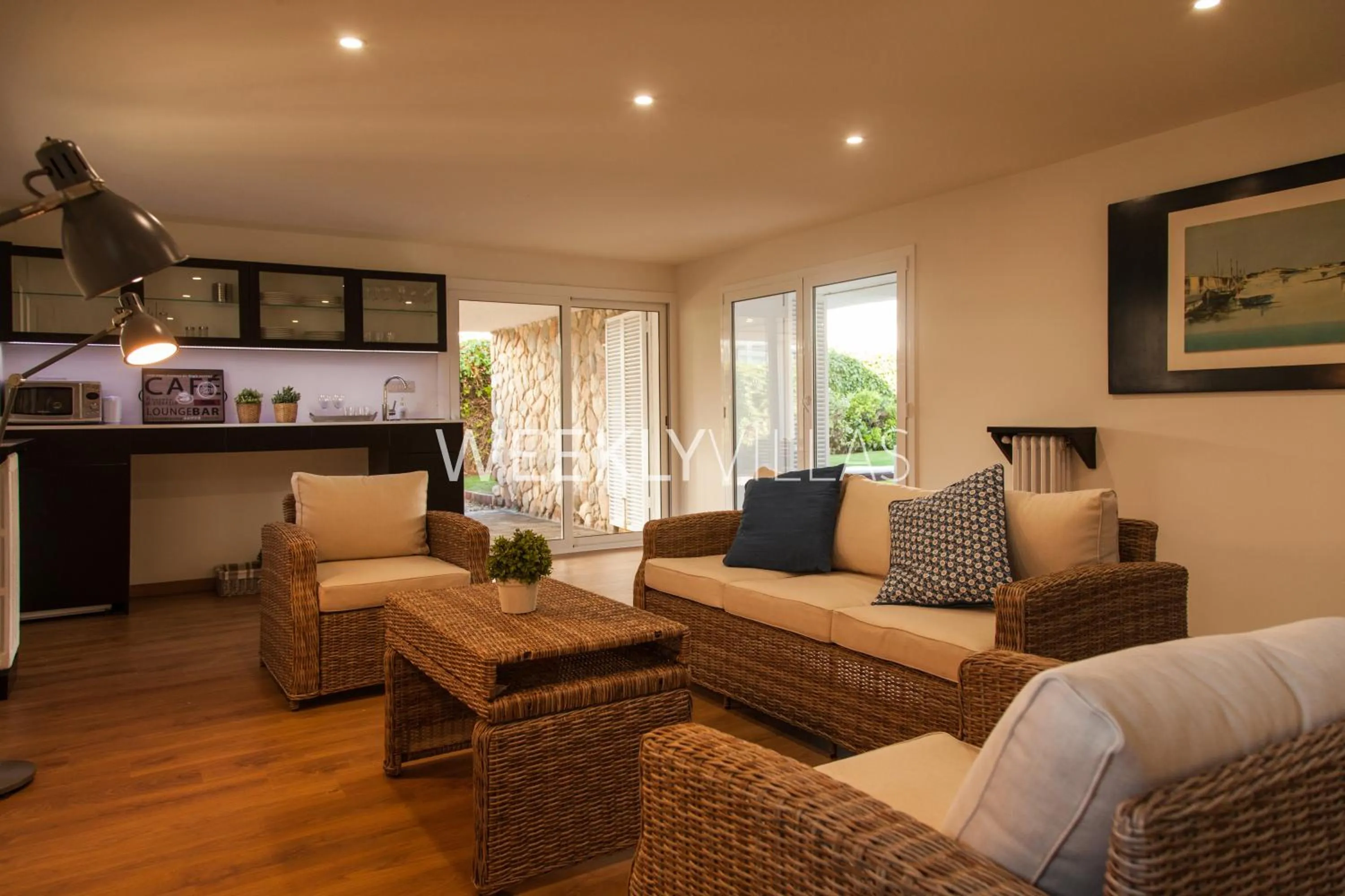 Living room in Villa Sitges Tupinetti Beach at 1 min walk Amaizing Garden and View Center Sitges 5 minutes walk NO NEED CAR