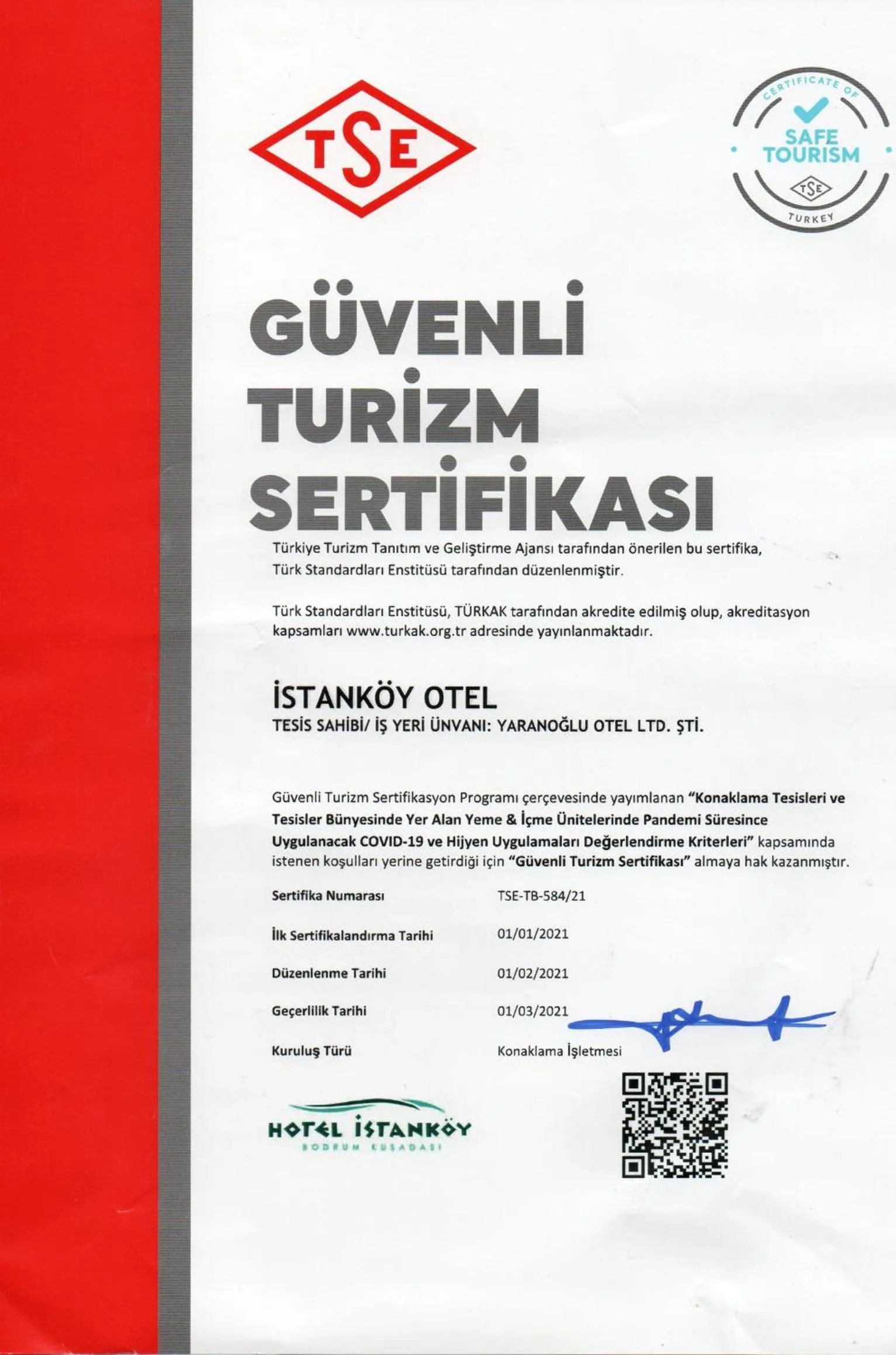 Certificate/Award in Istankoy Hotel