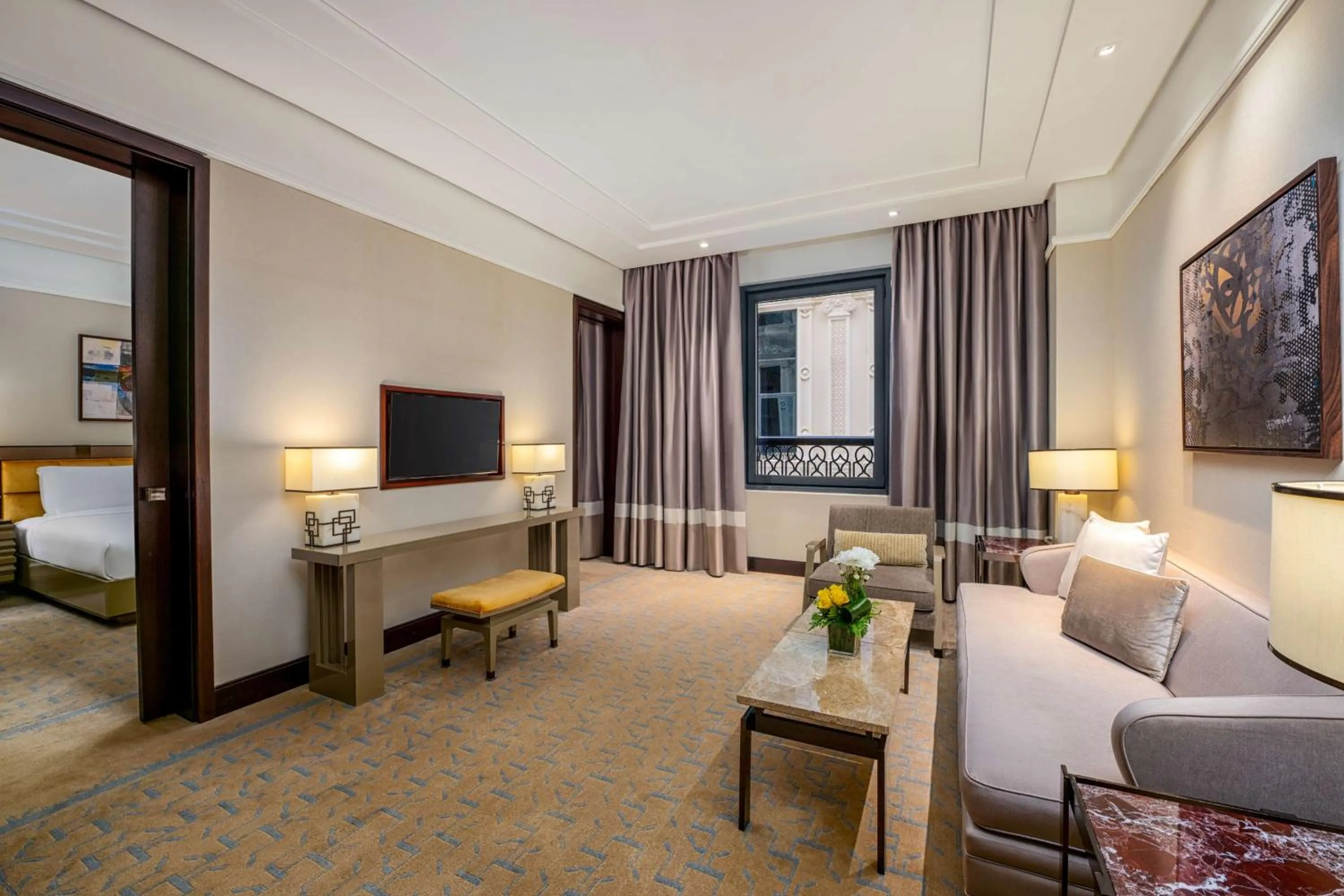 Living room, Bed in The Hotel Galleria Jeddah, Curio Collection by Hilton