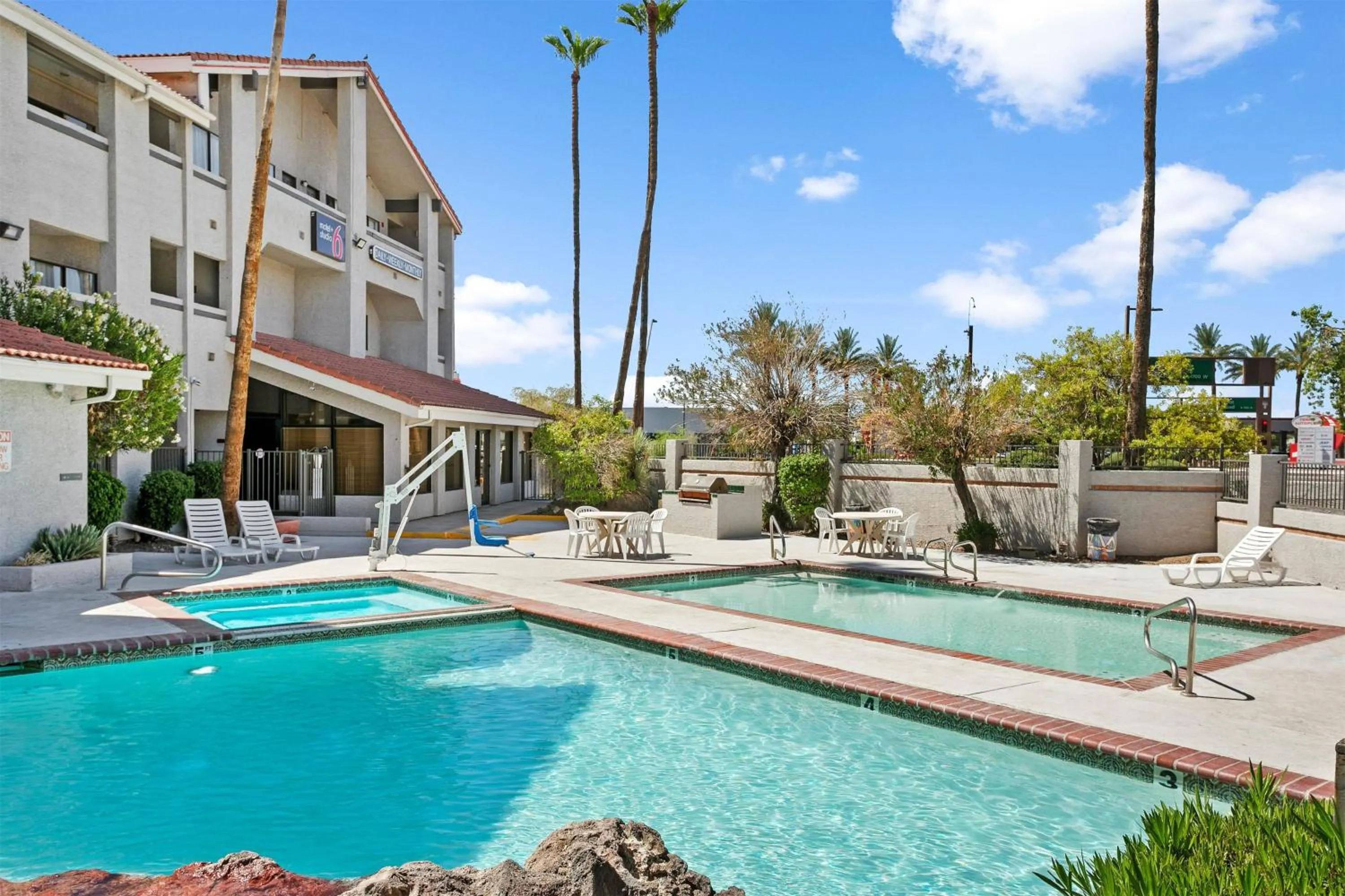 Pool view in Studio 6 Tempe, AZ Elliot Road