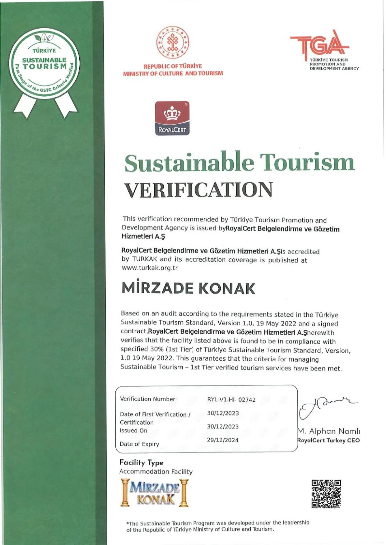 Logo/Certificate/Sign in Mirzade Konak Hotel