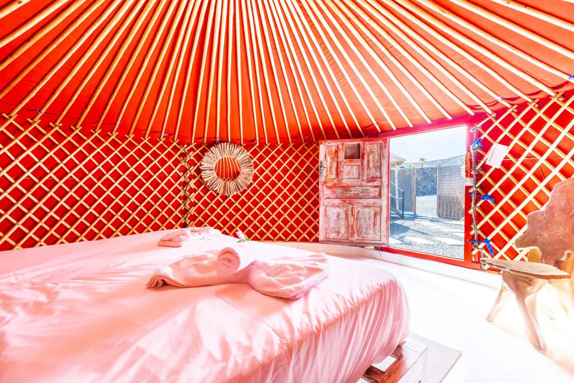 Bedroom, Bed in Finca De Arrieta Village - Yurts and Stone Cottages - Shared Pool - Walking distance to Arrieta Beach - Off Grid