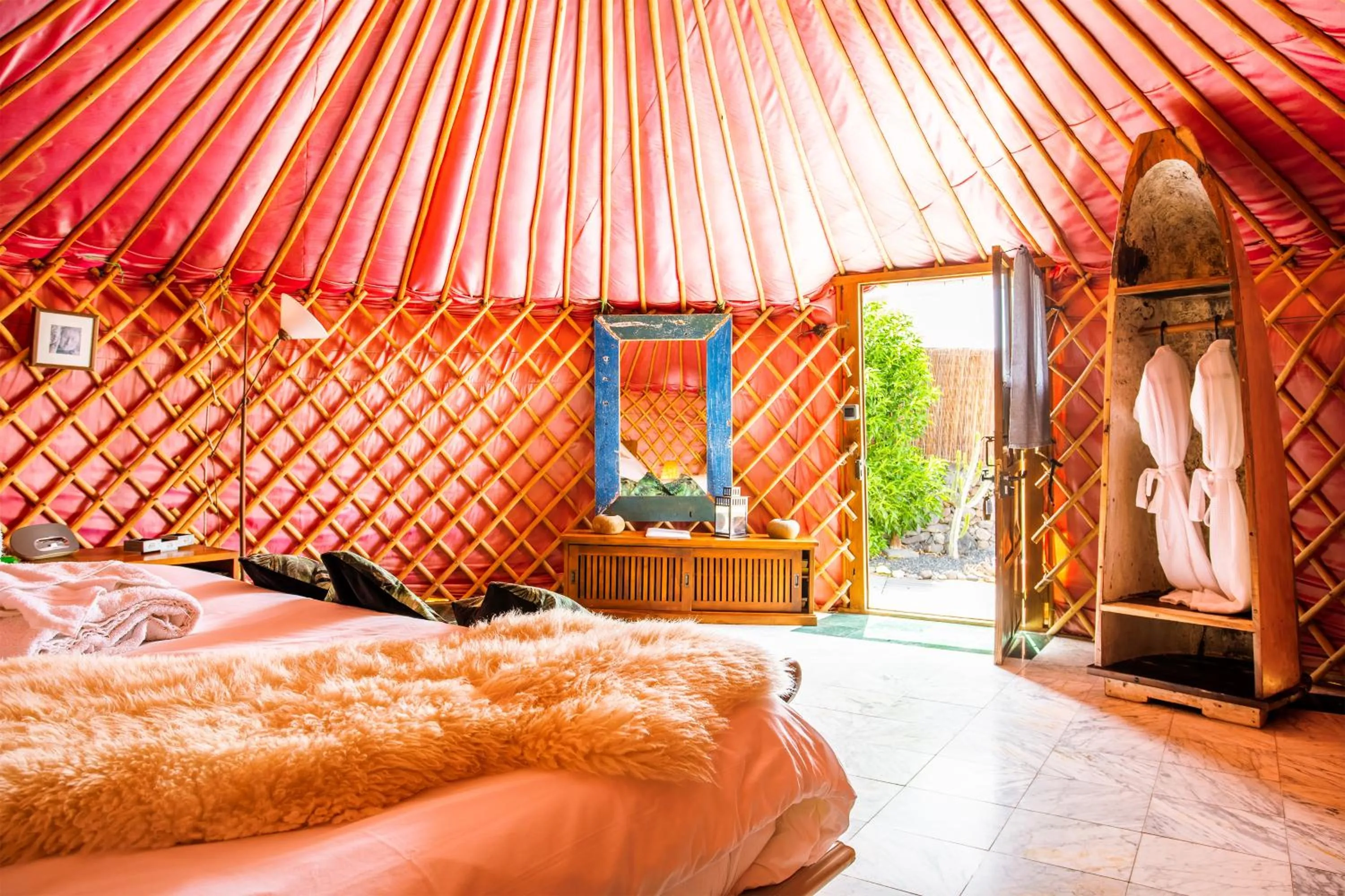 Bedroom, Bed in Finca De Arrieta Village - Yurts and Stone Cottages - Shared Pool - Walking distance to Arrieta Beach - Off Grid