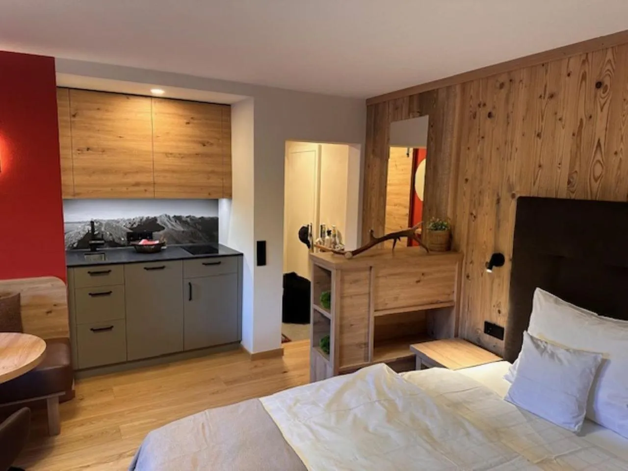 Kitchen or kitchenette, Bed in Familienhotel Kleinwalsertal