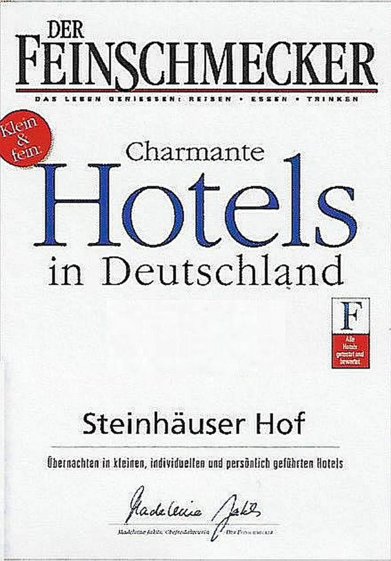 Certificate/Award in Steinhäuser Hof