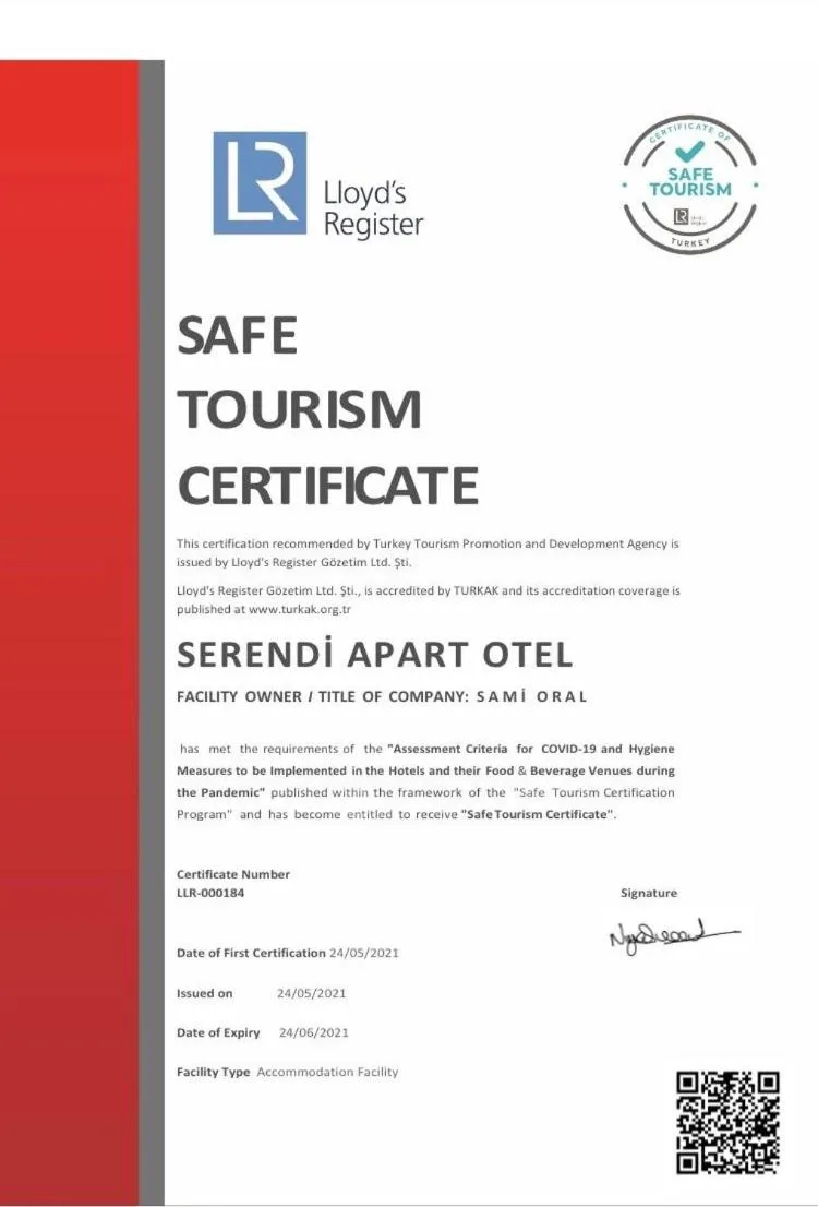 Certificate/Award in Serendi Apart Hotel