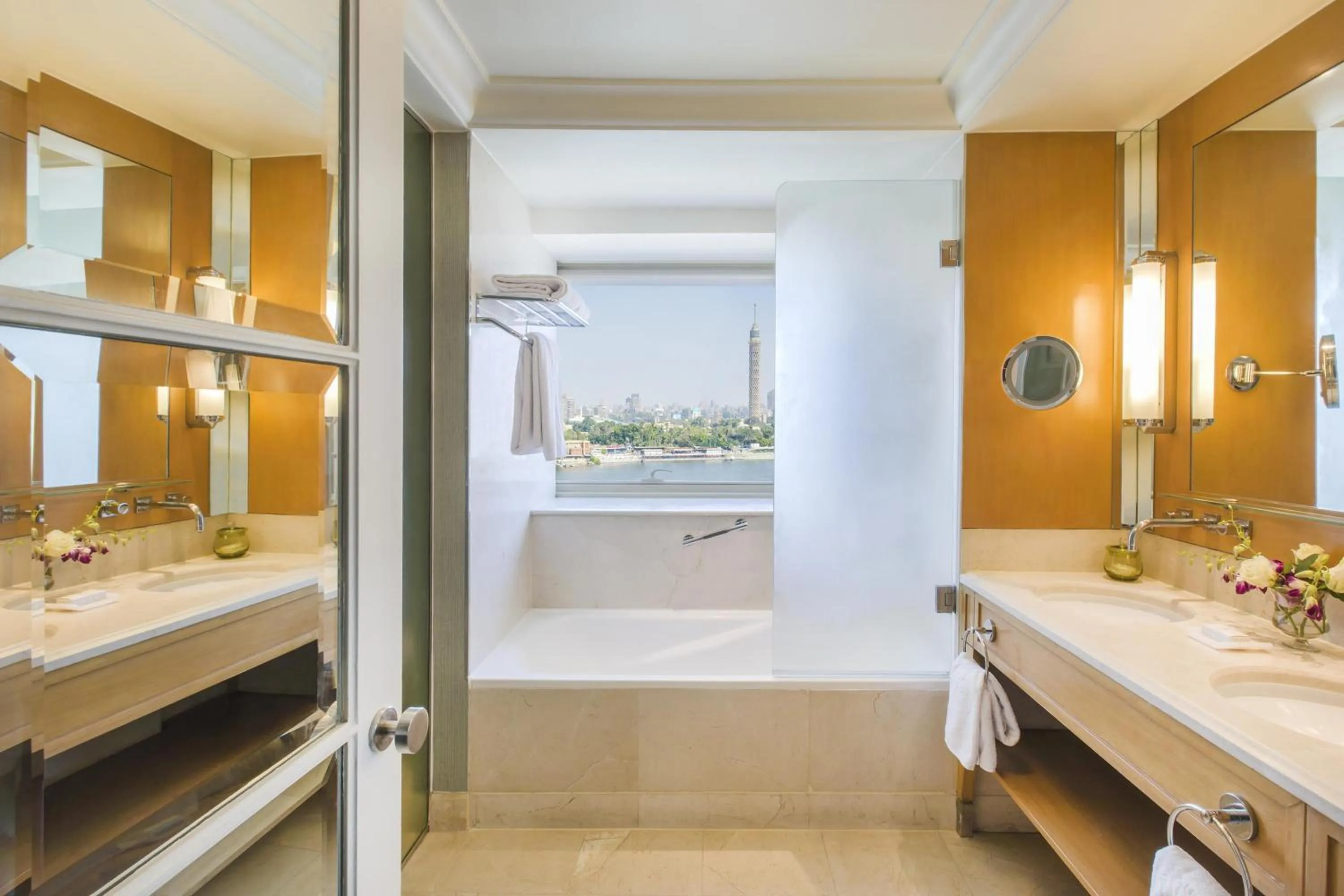 Bathroom, Bed in Kempinski Nile Hotel, Cairo