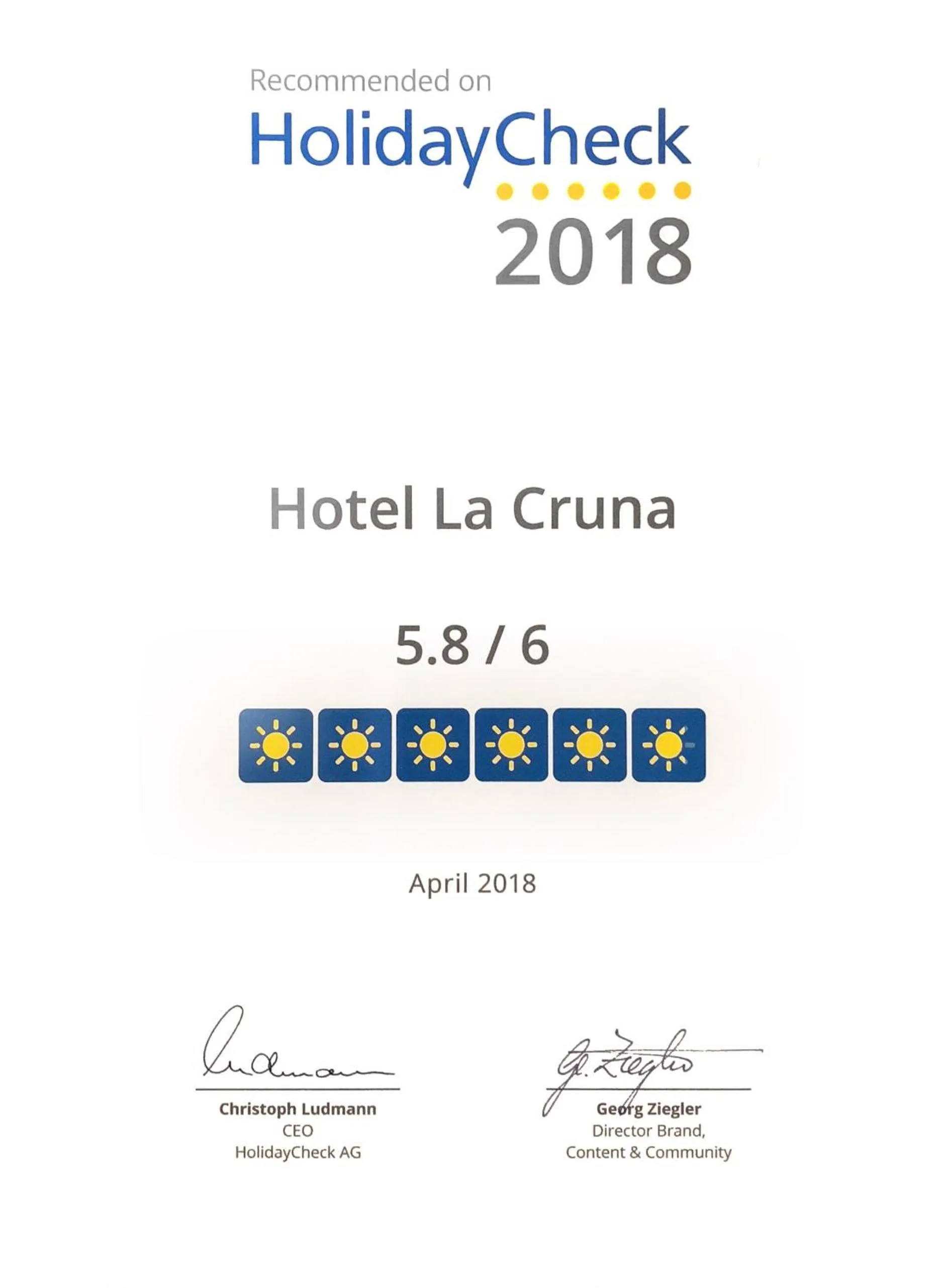 Certificate/Award in Hotel La Cruna