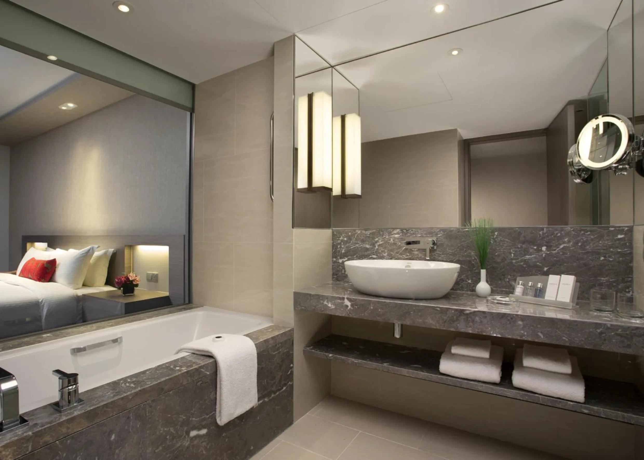 Bathroom, Bed in Carlton Hotel Singapore