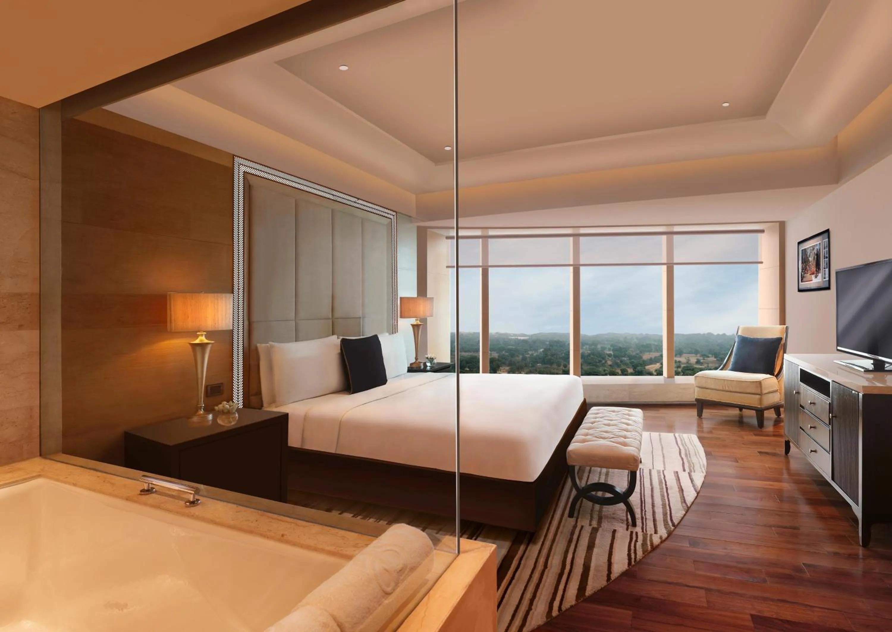 Bathroom, Bed in The Leela Ambience Gurugram Hotel & Residences - The Luxury Urban Sanctuary