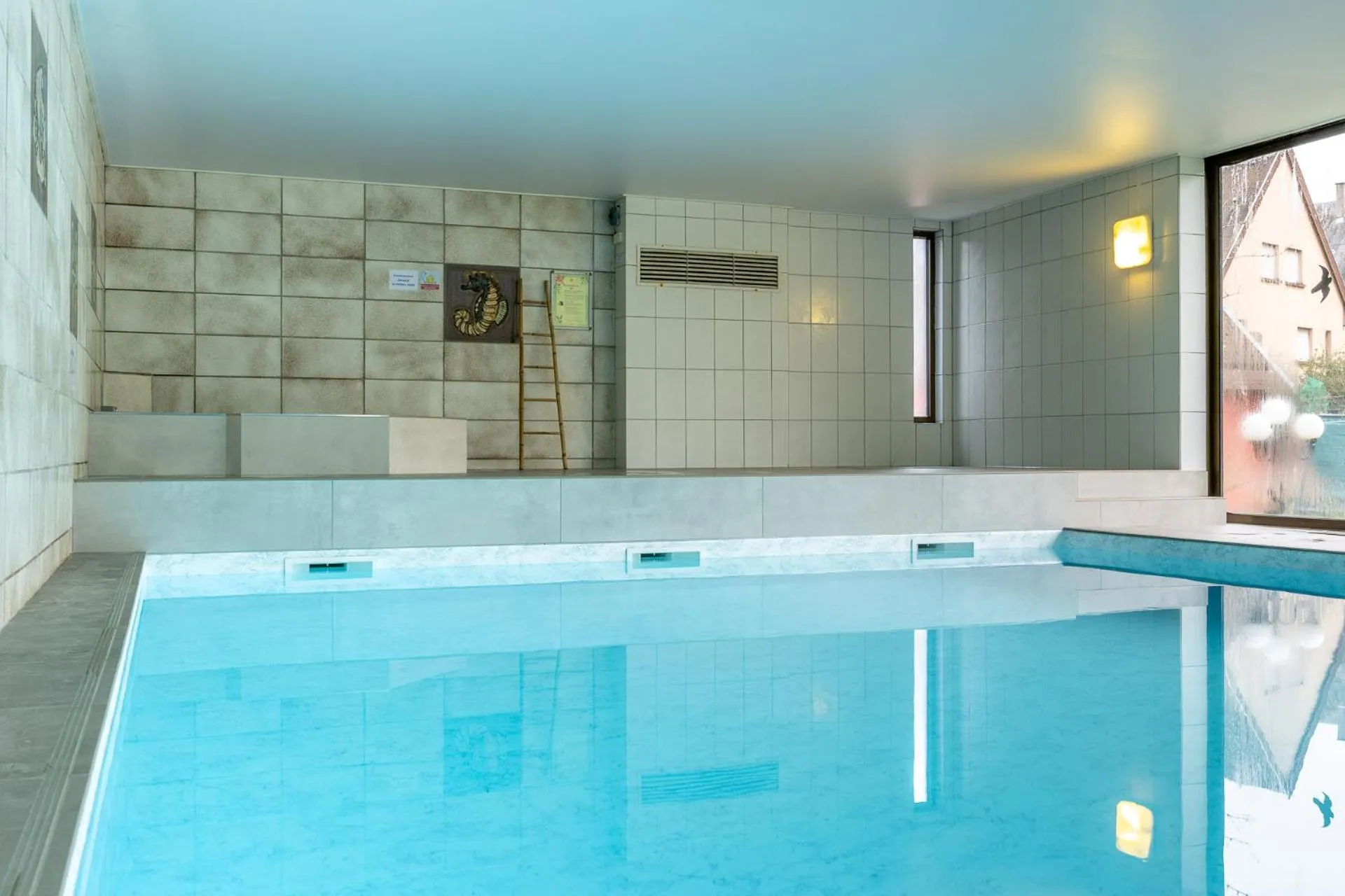 Pool view in Logis Hostellerie Motel Au Bois Le Sire