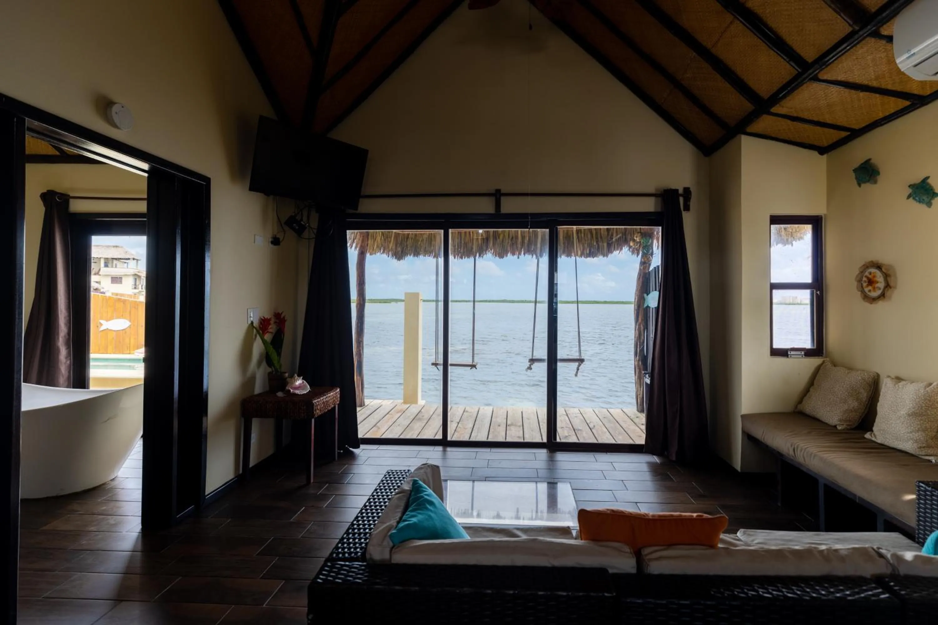 View (from property/room), Bed in Lina Point Belize Overwater Resort
