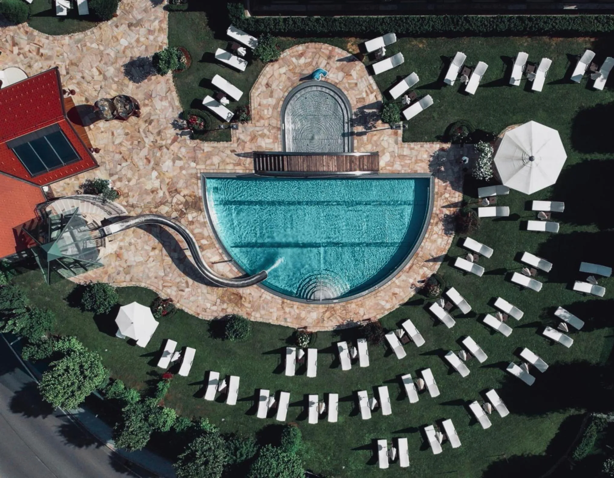 Bird's eye view, Pool View in Verwöhnhotel Berghof