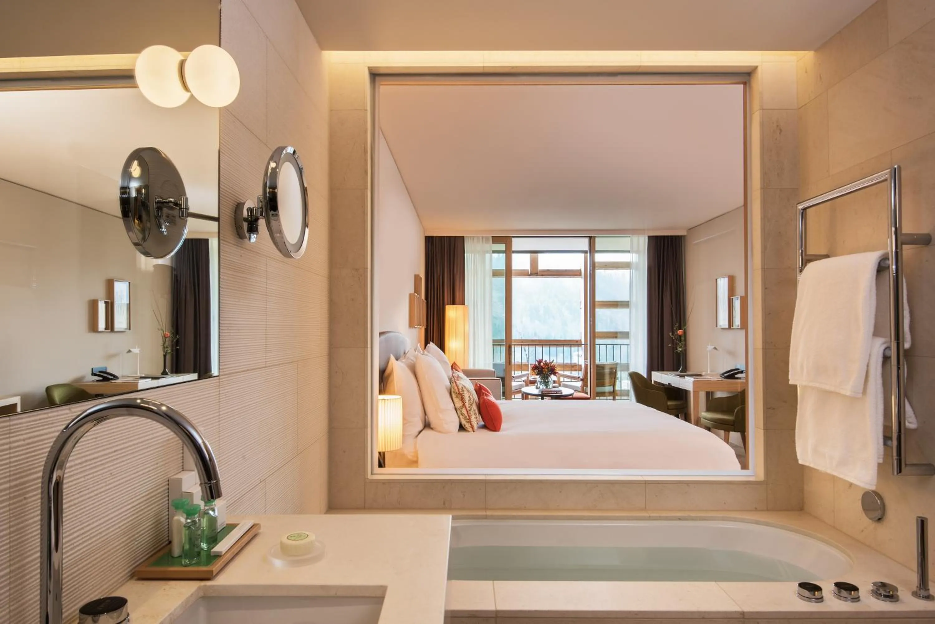 Bathroom, Bed in Waldhotel by Bürgenstock