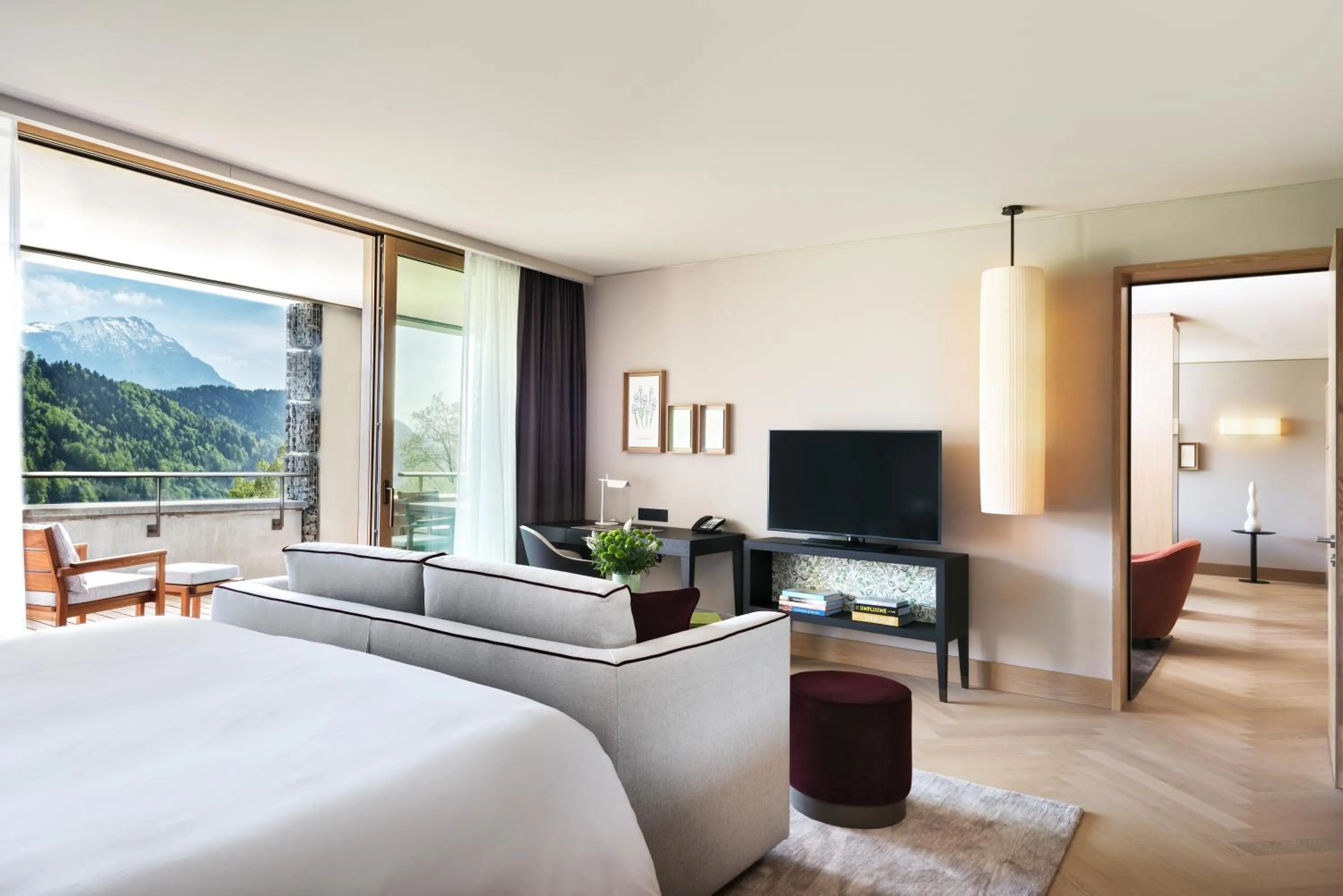 Seating area, Bed in Waldhotel by Bürgenstock
