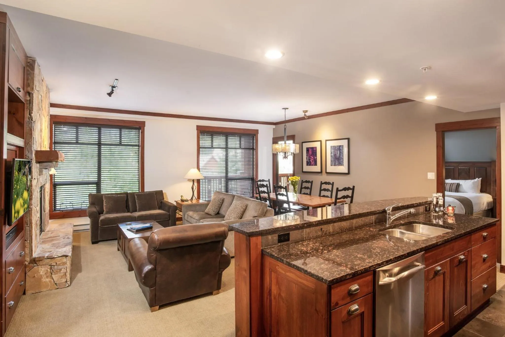 Living room in First Tracks Lodge, by Lodging Ovations