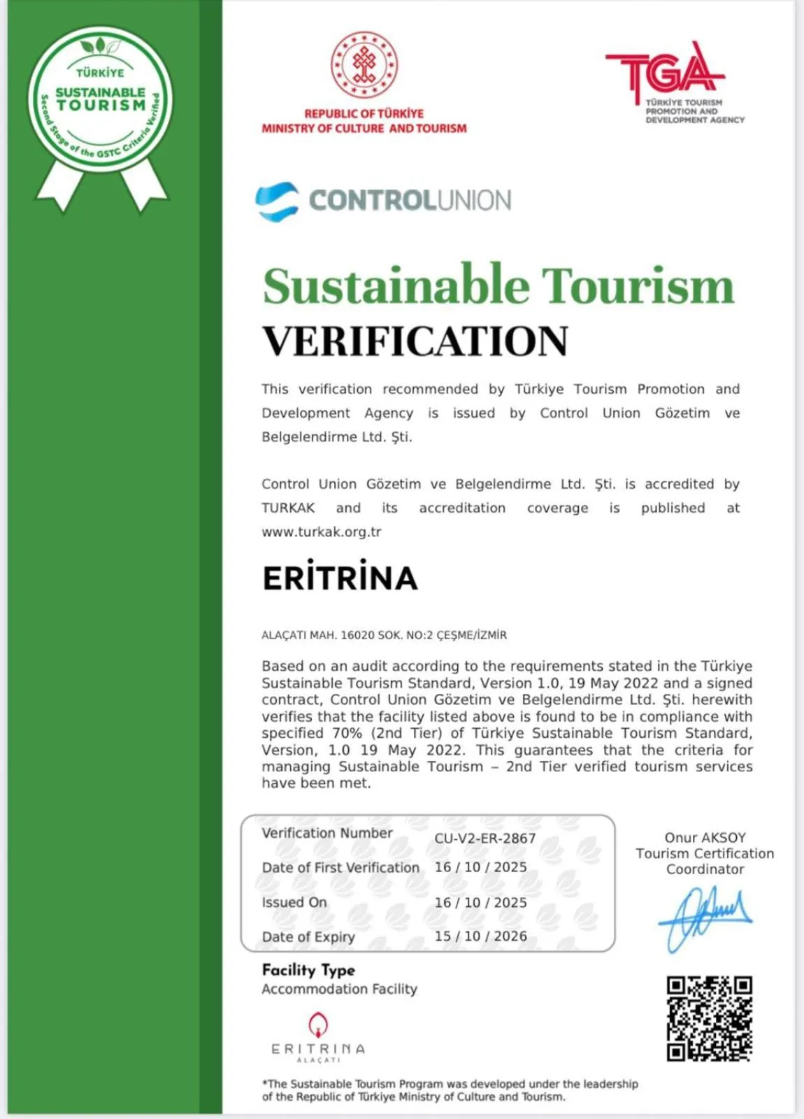Certificate/Award in Eritrina Alacati