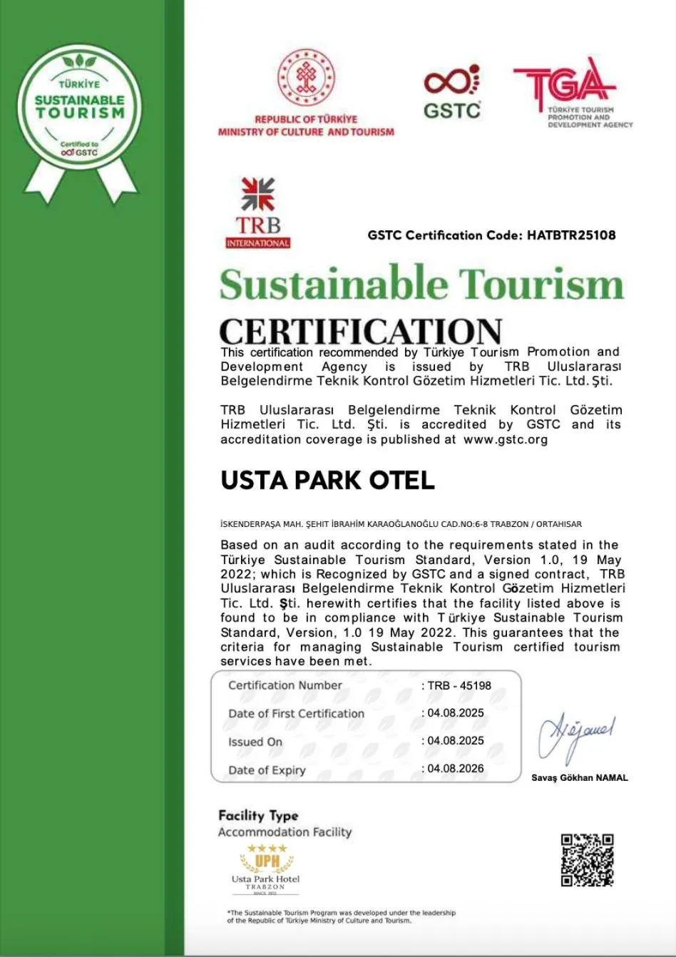 Certificate/Award in Usta Park Hotel