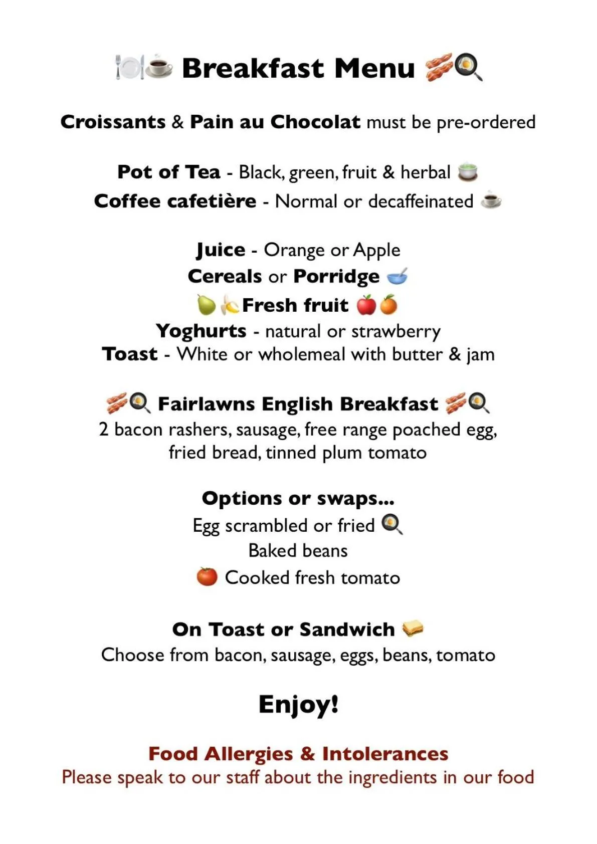 Food and drinks in Fairlawns Guest House