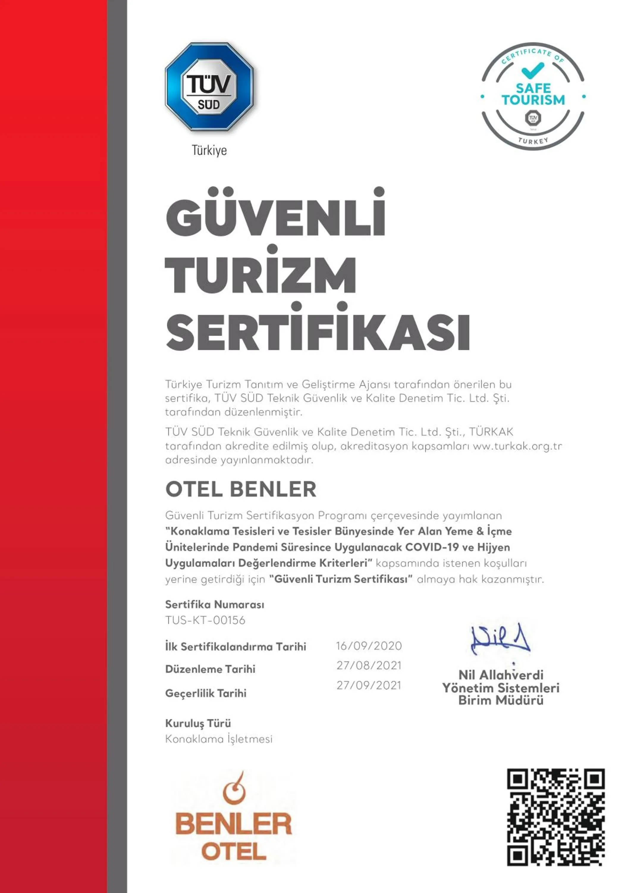 Certificate/Award in Benler Otel Laleli ISTanbul