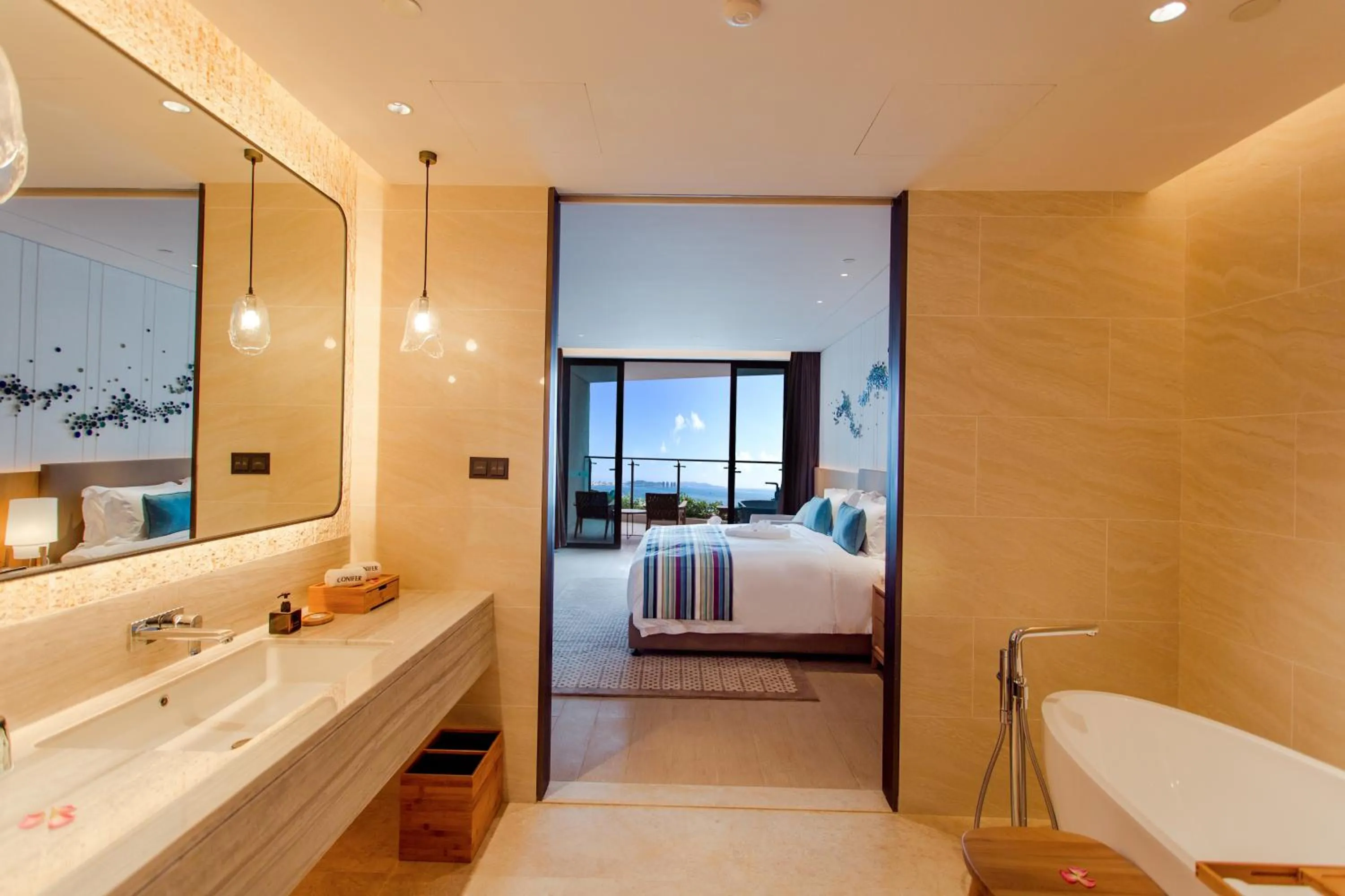 Bathroom, Bed in Sanya Conifer Resort