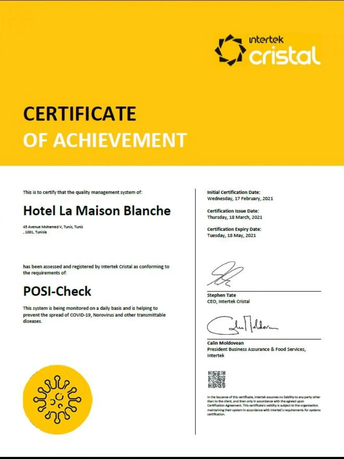 Certificate/Award in Hôtel La Maison Blanche