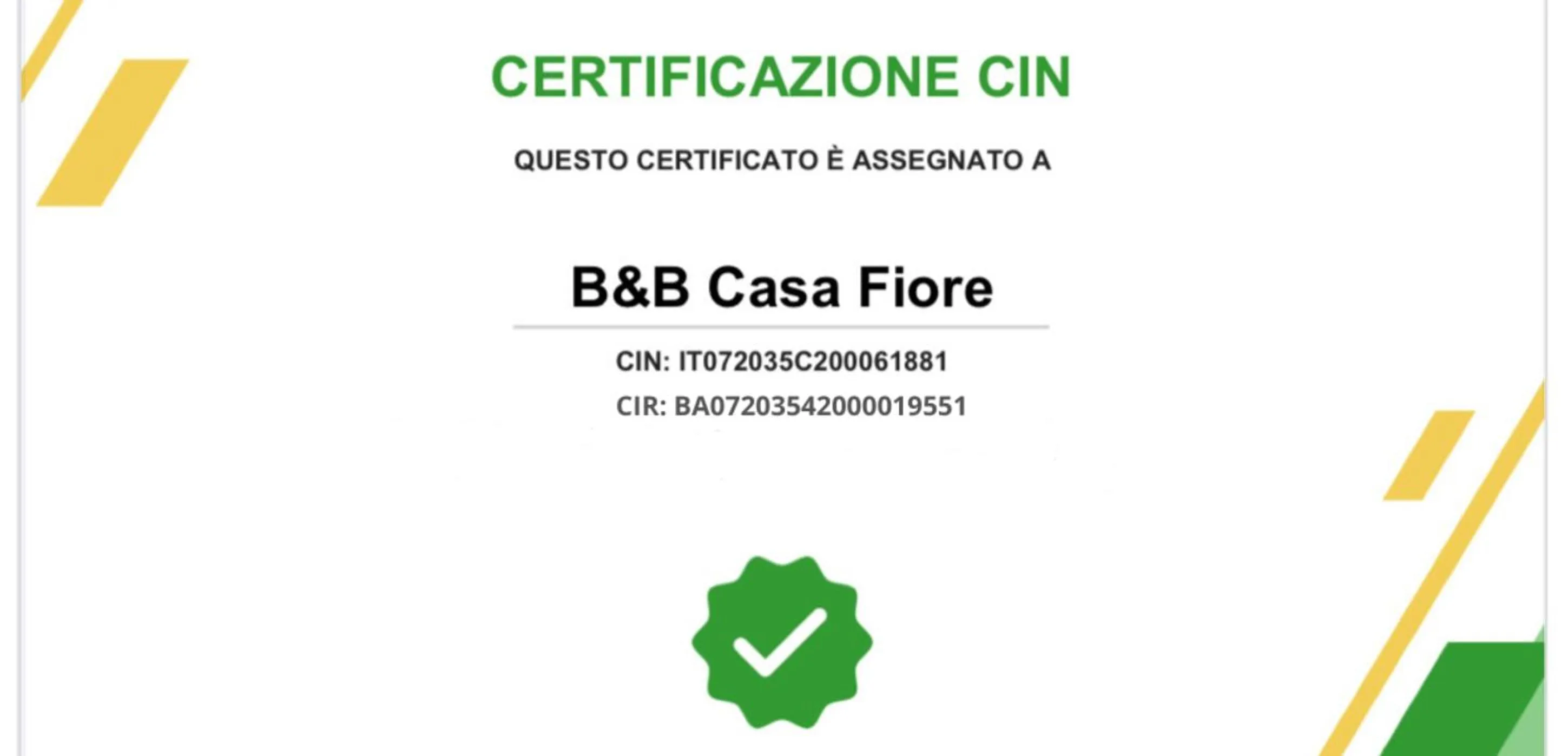 Certificate/Award in B&B Casa Fiore