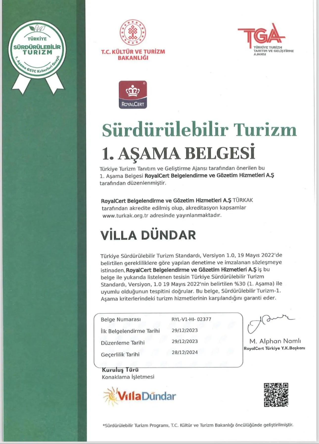 Certificate/Award in Villa Dundar - Kas Apartments