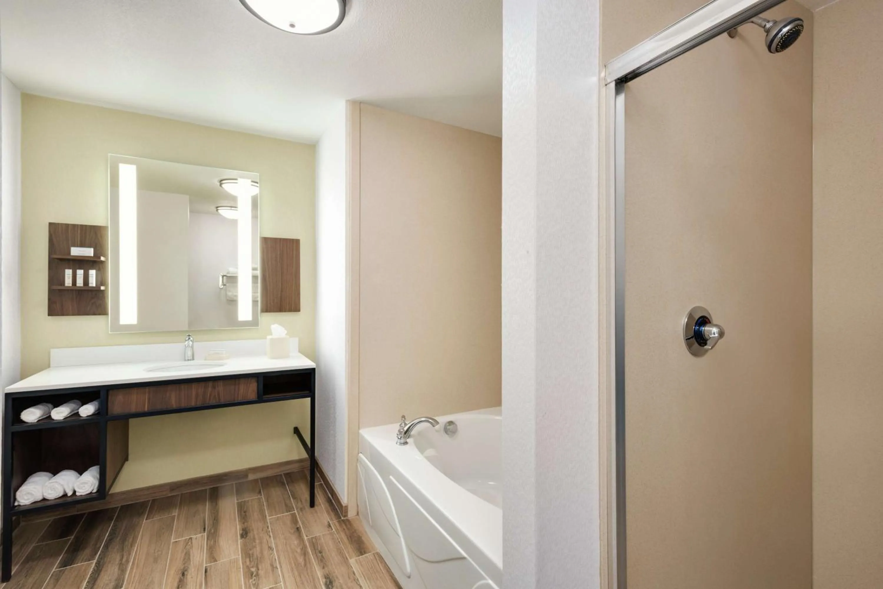 Bathroom, Bed in Hilton Garden Inn Dubuque Downtown