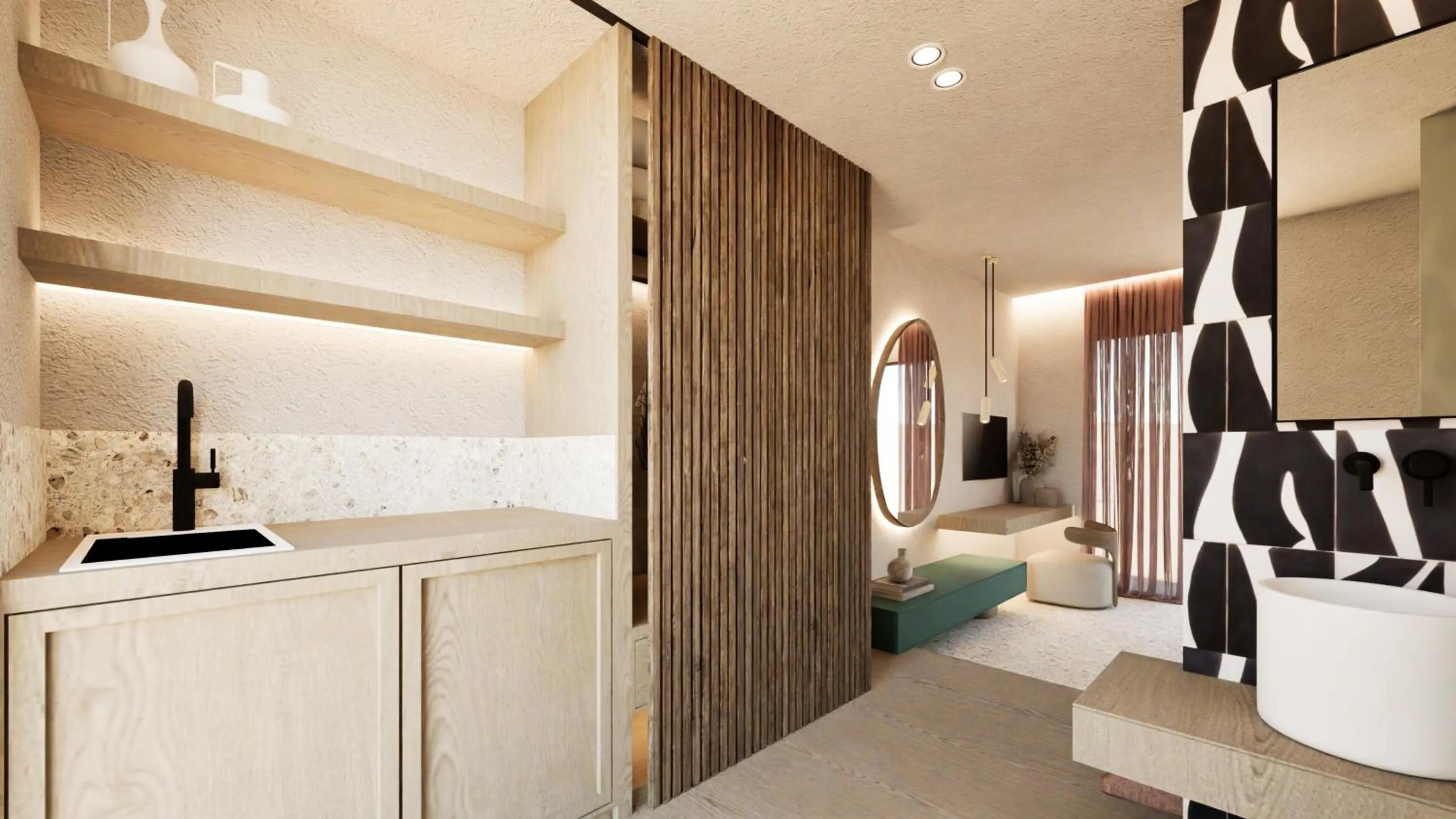 Kitchen or kitchenette, Bed in Pefkos Beach Studios & Apartments