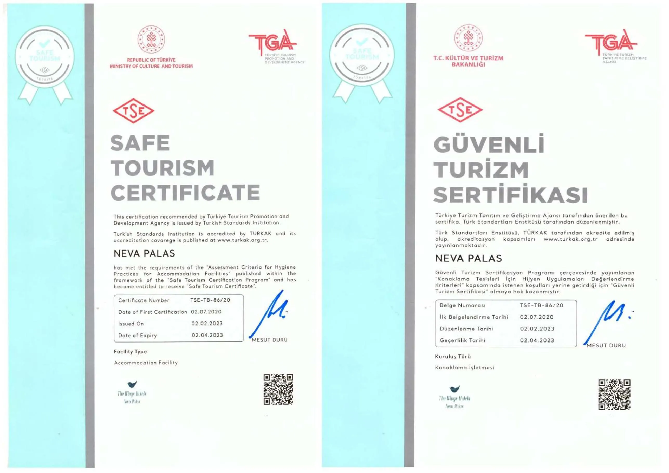 Certificate/Award in The Wings Hotels Neva Palas