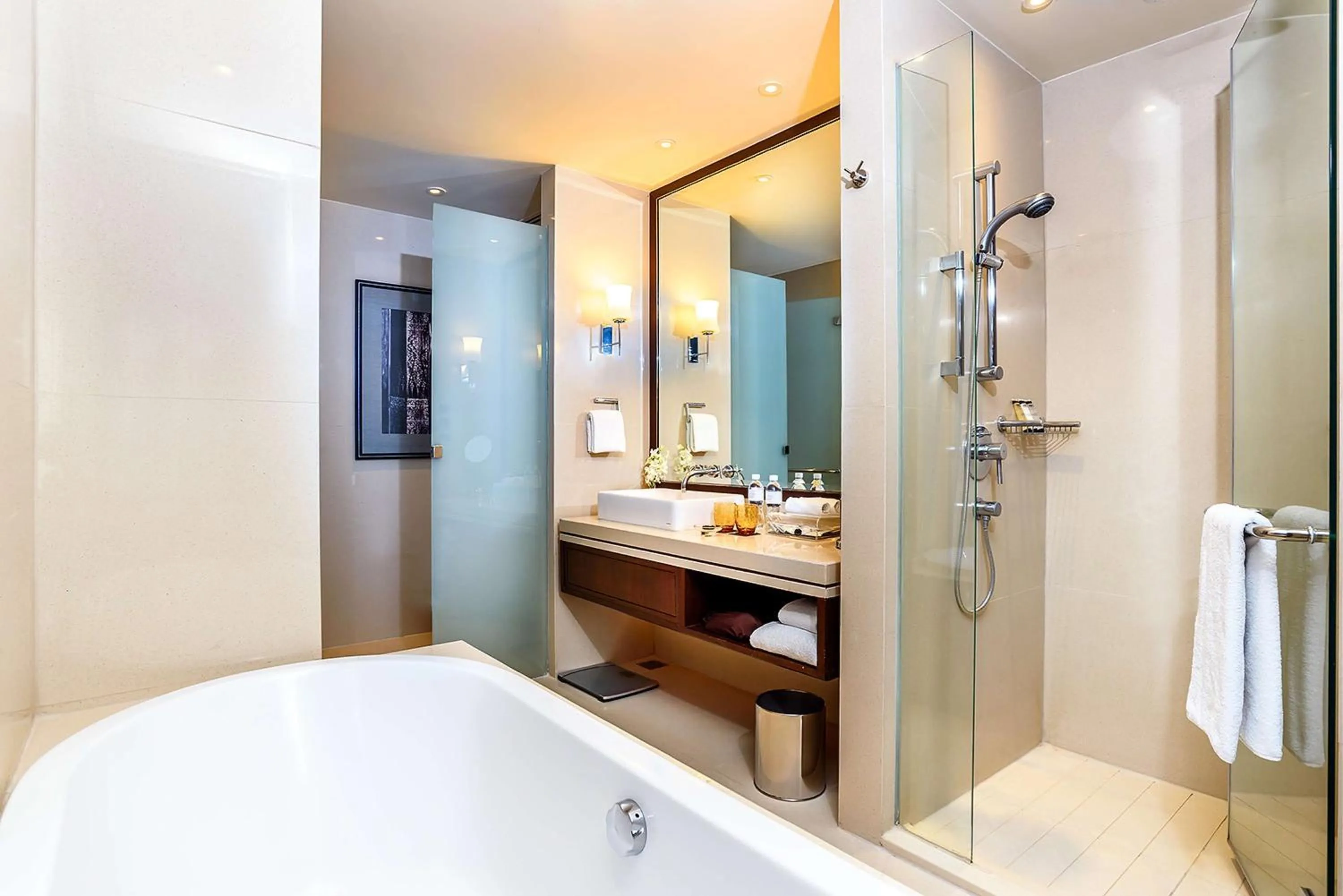 Bathroom, Bed in Pullman Bangkok Grande Sukhumvit