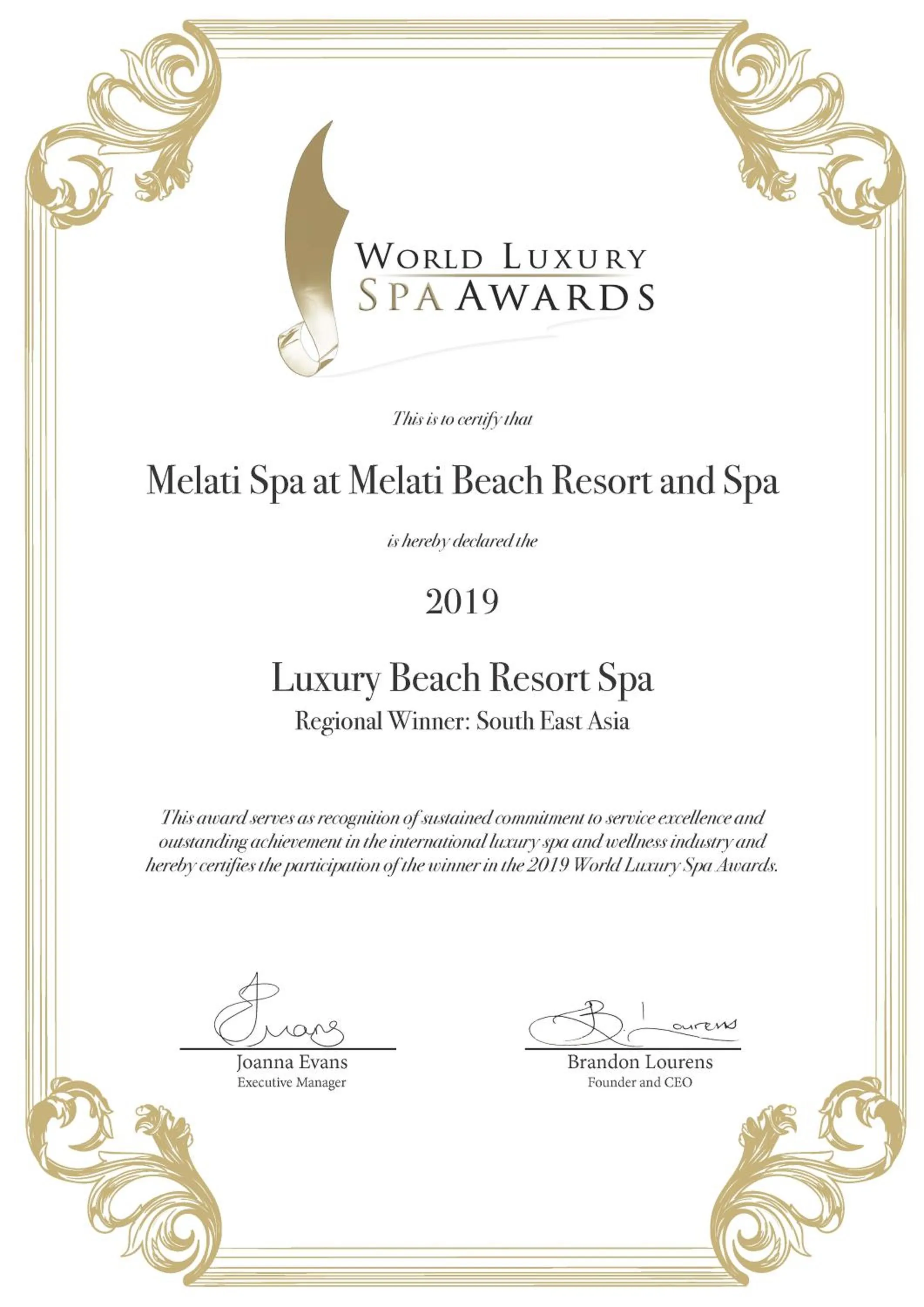 Certificate/Award in Melati Beach Resort & Spa