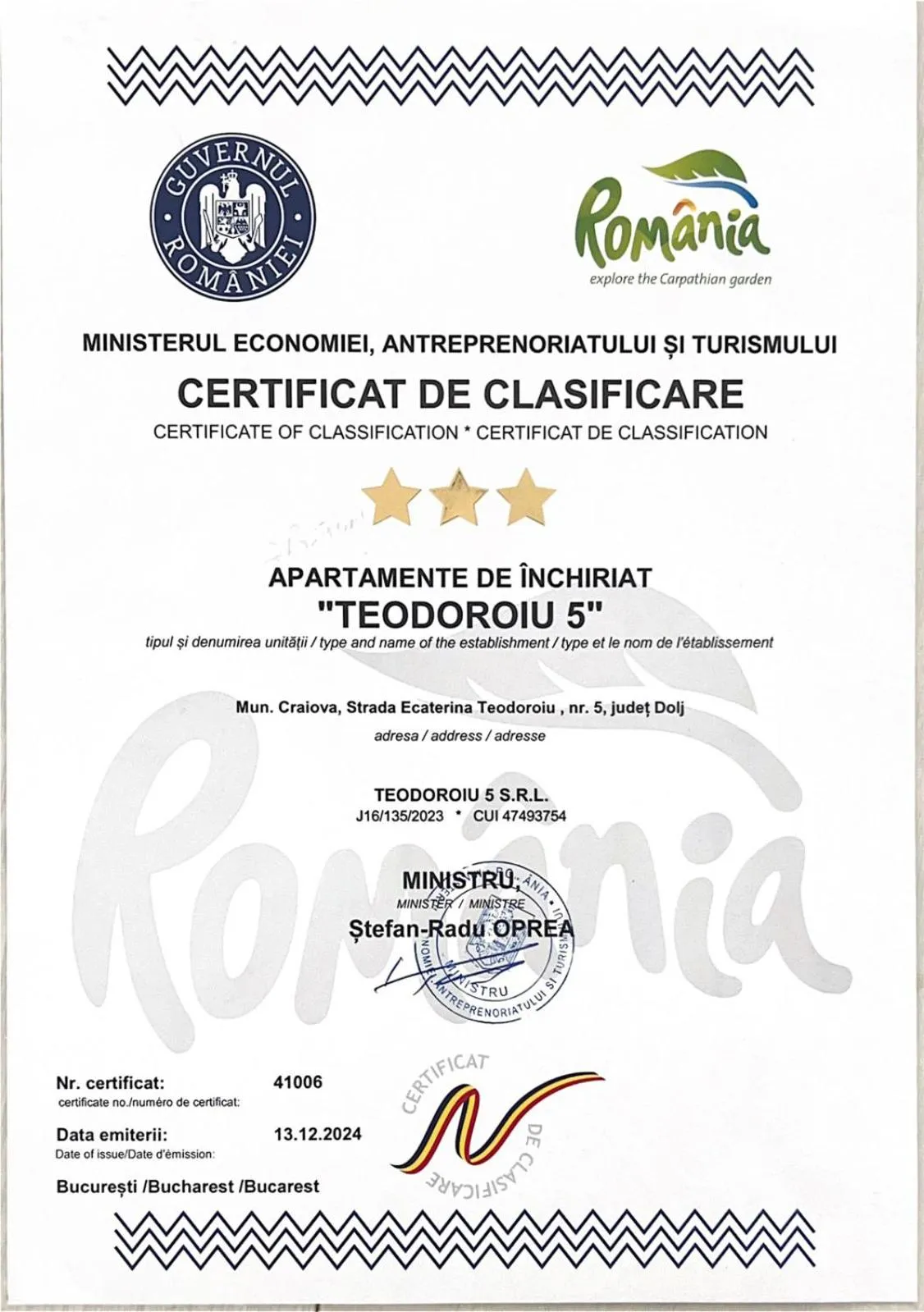 Certificate/Award in Teodoroiu nr. 5