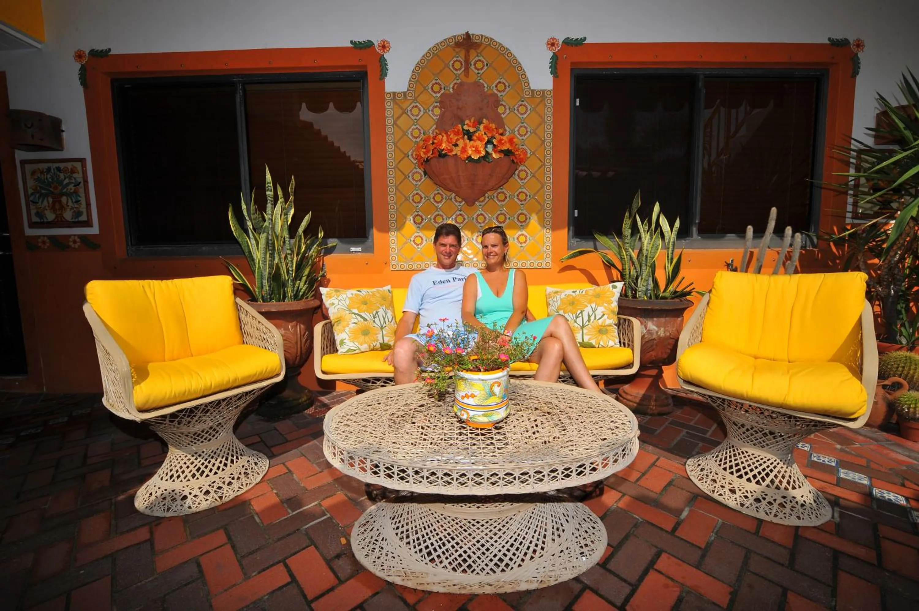 Family in Blue Seas Courtyard