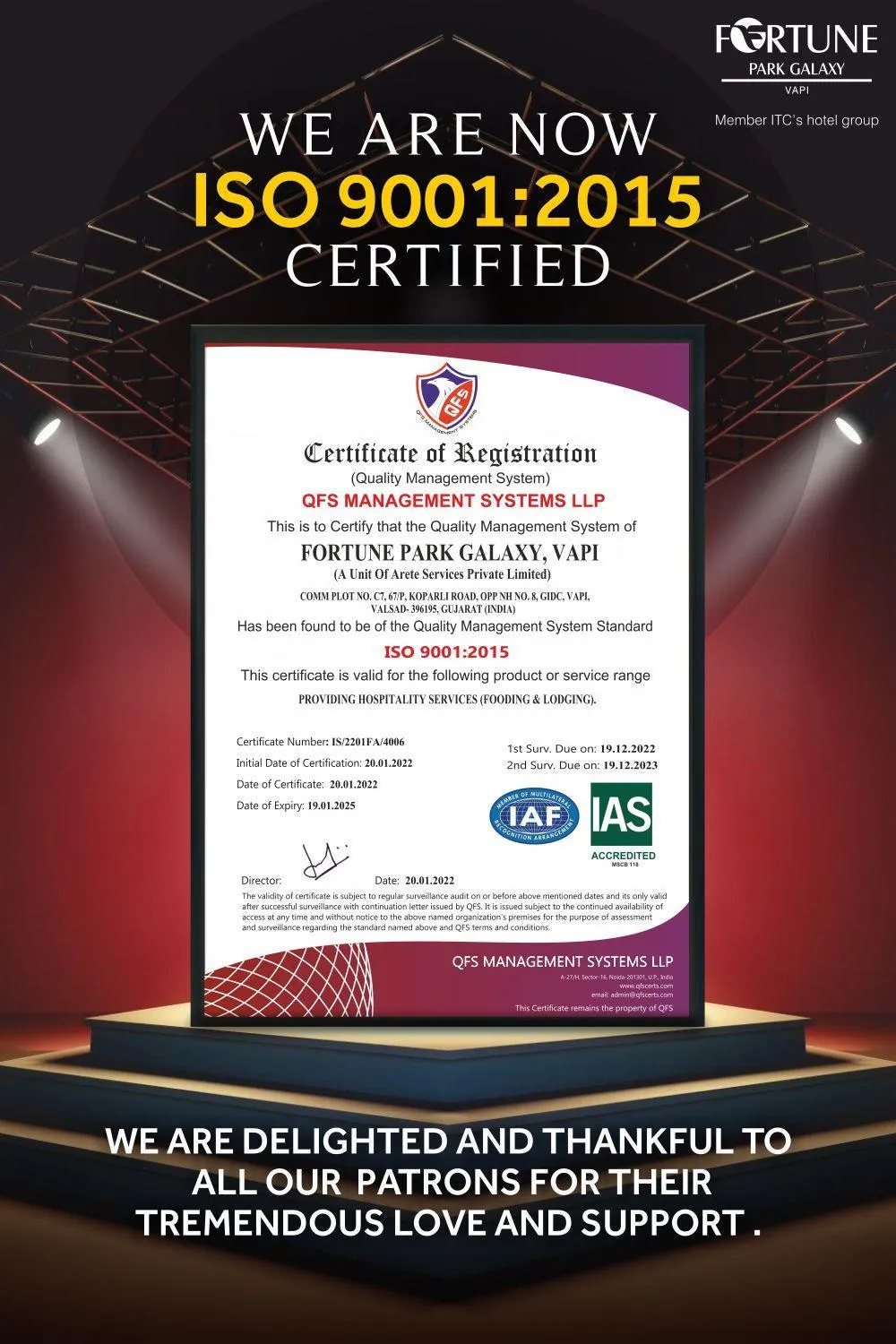 Certificate/Award in Fortune Park Galaxy, Vapi - Member ITC Hotels' Group