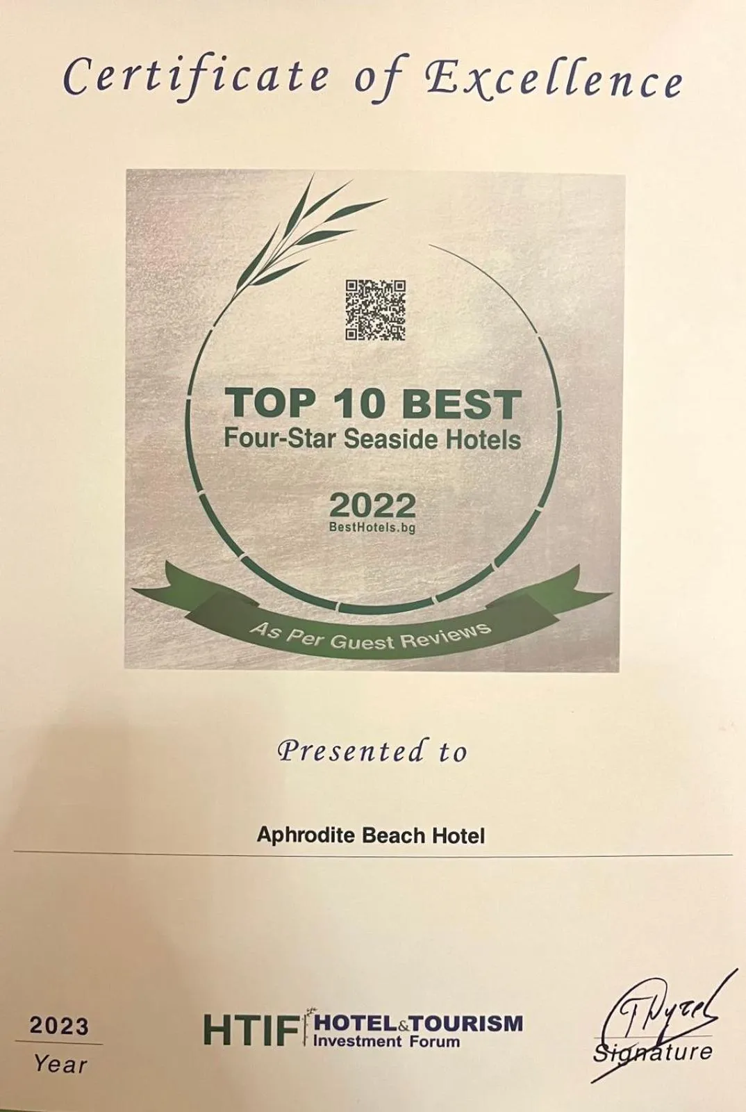 Certificate/Award in Aphrodite Beach Hotel