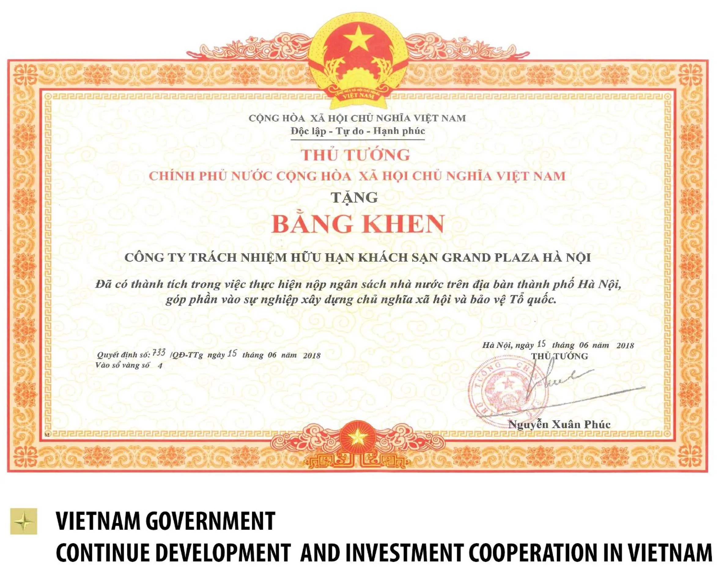 Certificate/Award in Grand Plaza Hotel Hanoi