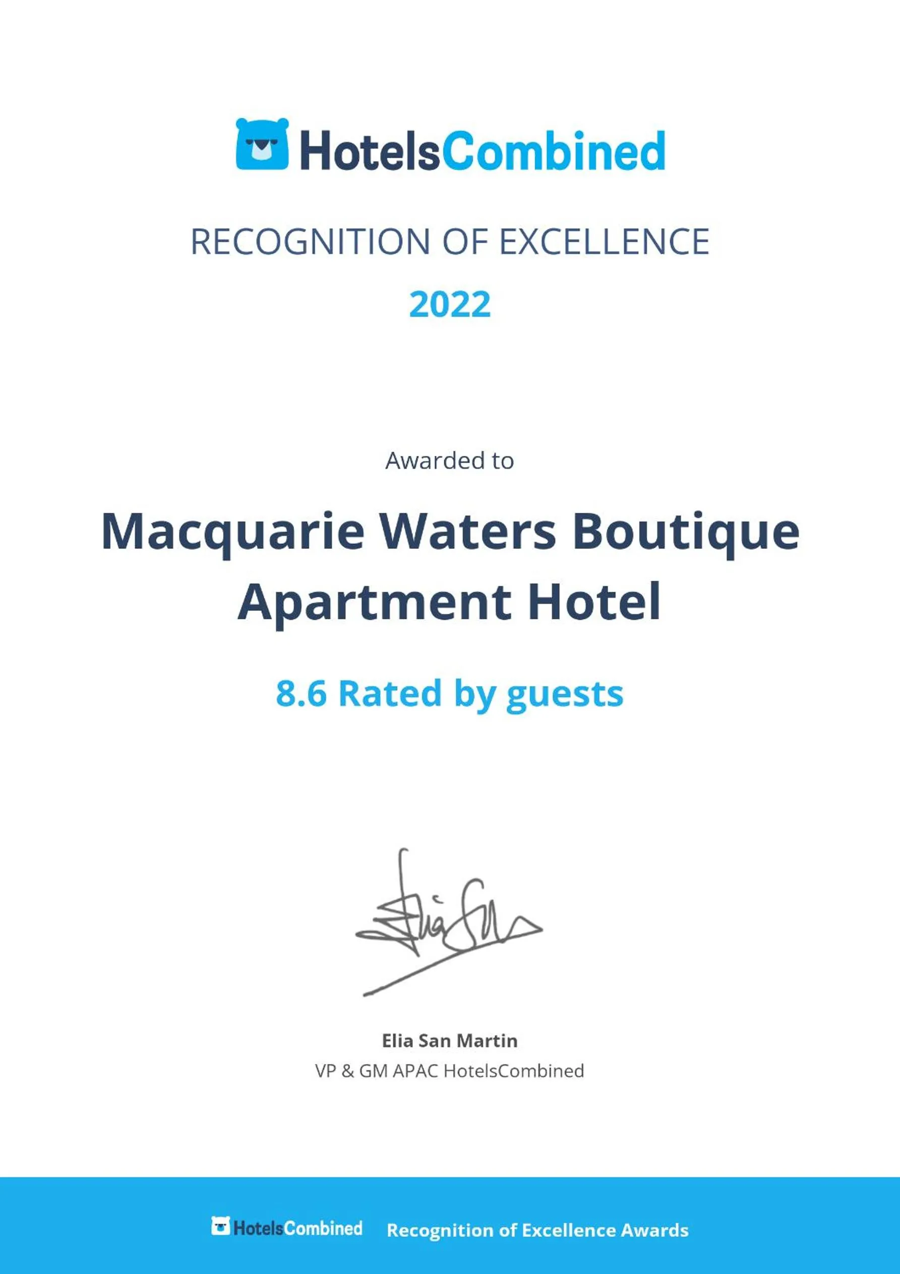 Certificate/Award in Macquarie Waters Boutique Apartment Hotel
