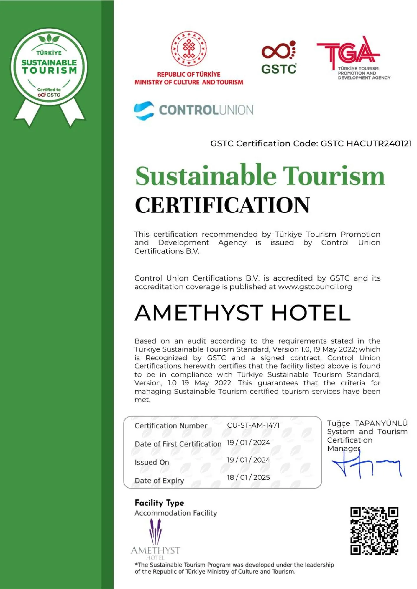 Certificate/Award in Amethyst Hotel
