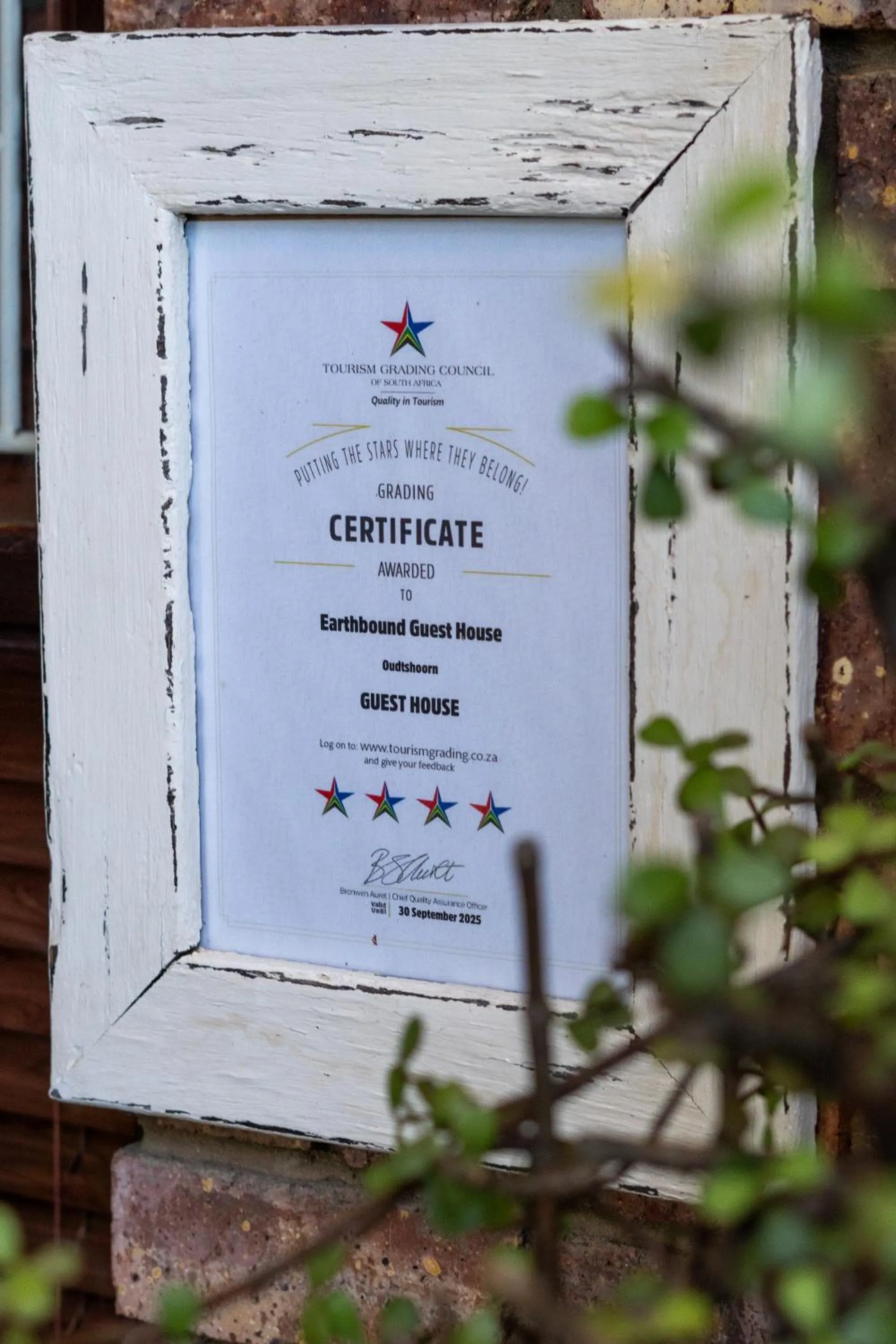 Certificate/Award in Earthbound Guest House