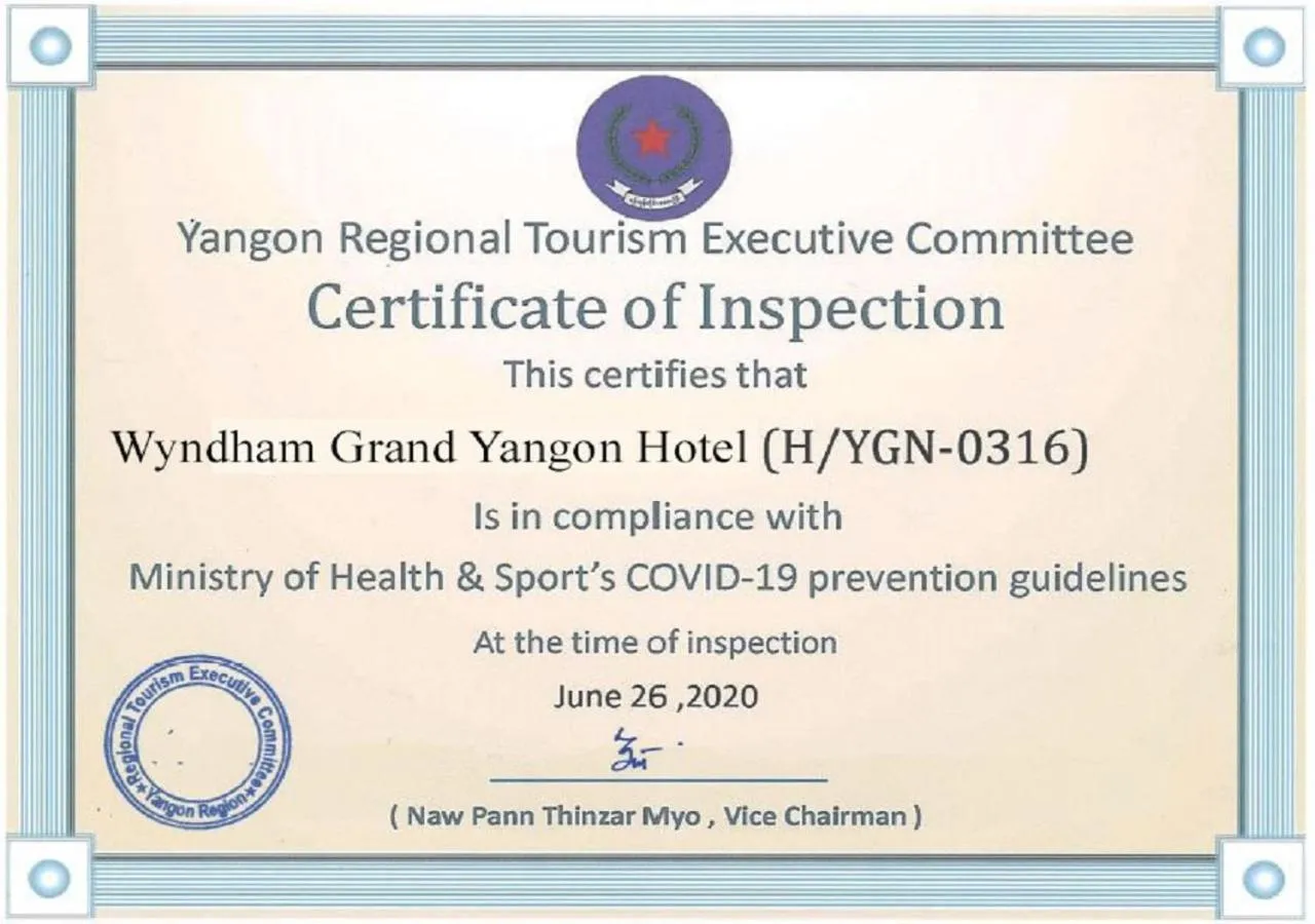 Certificate/Award in Wyndham Grand Yangon
