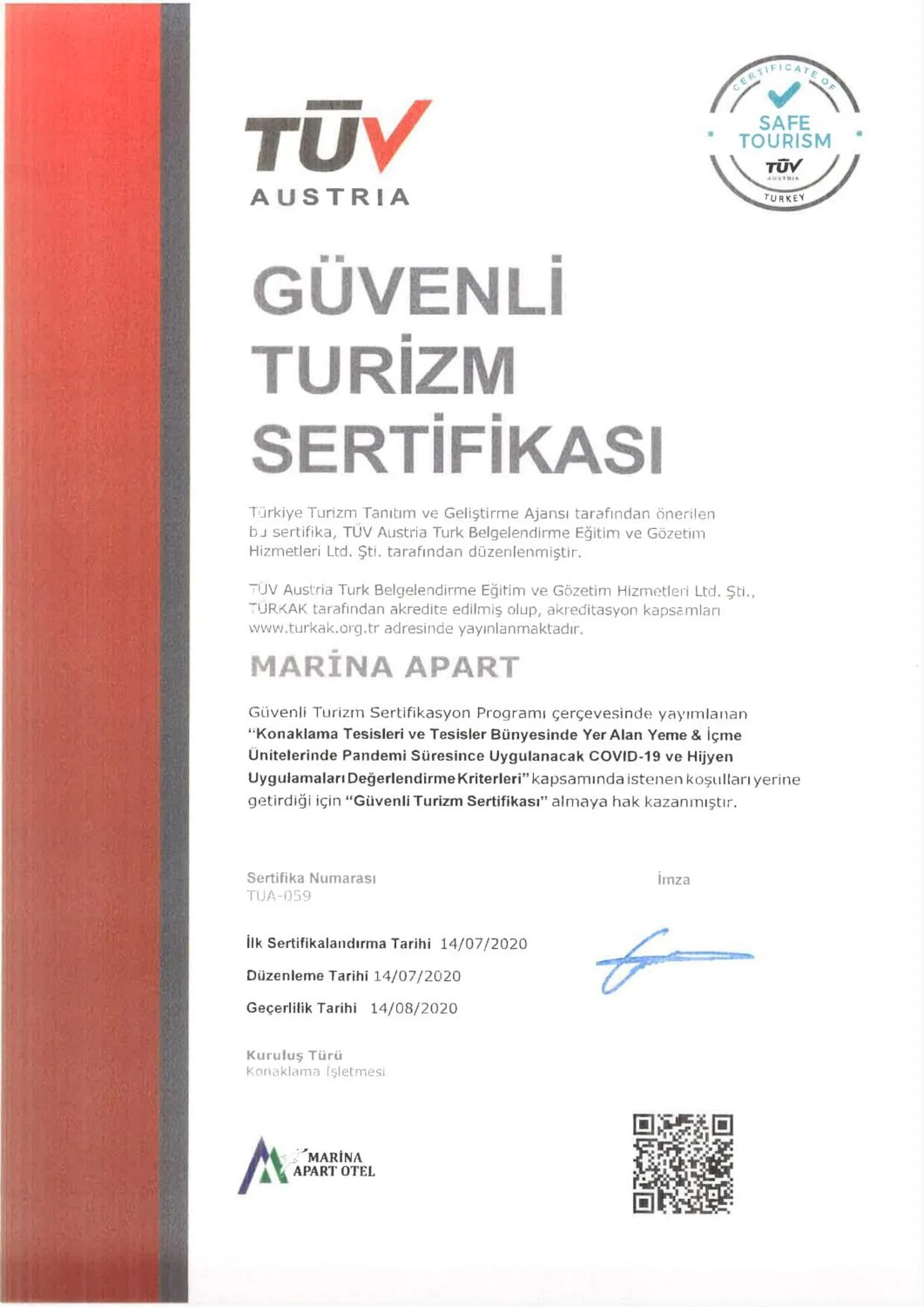 Certificate/Award in Marina Apart Hotel