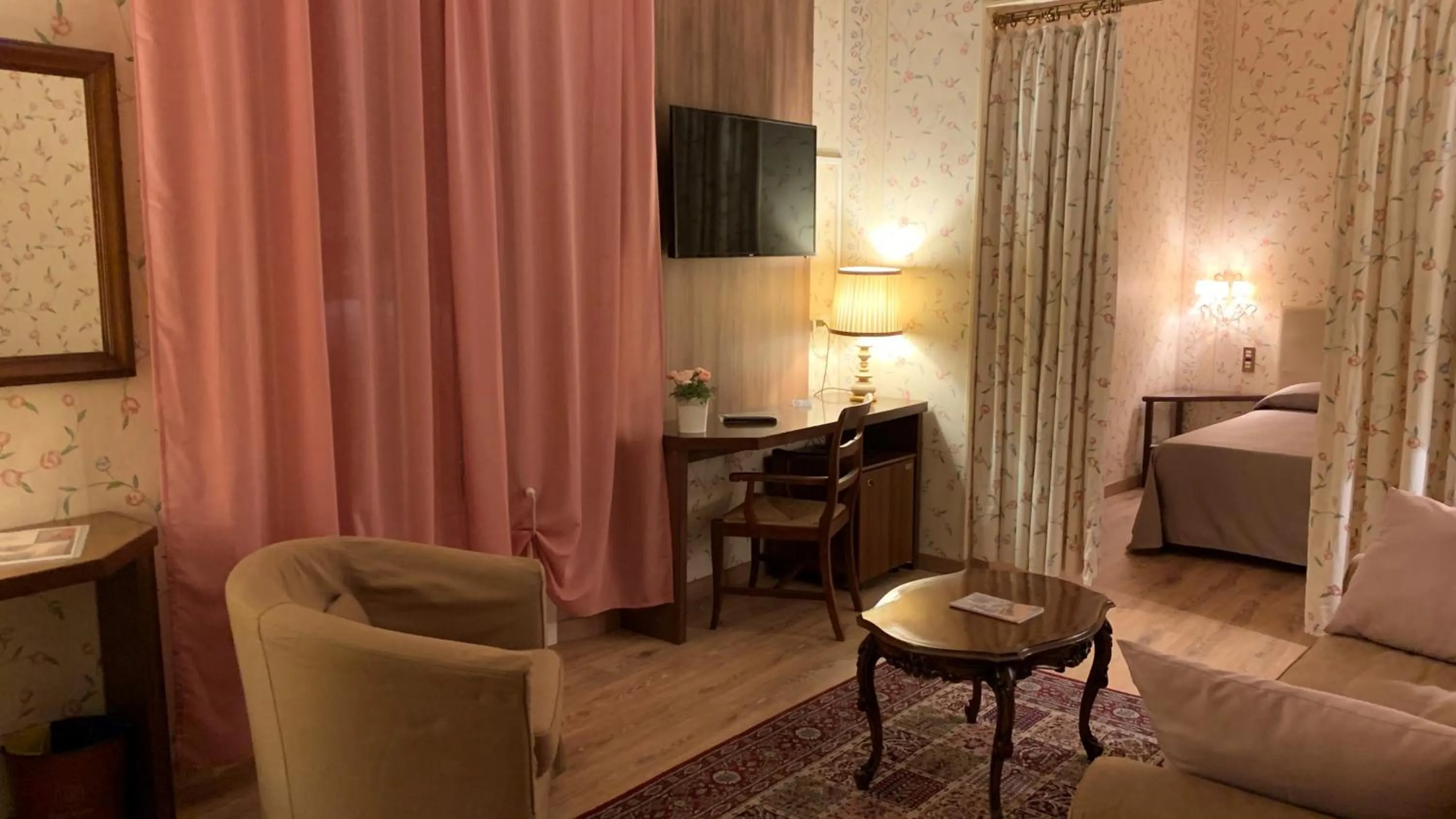 Communal lounge/ TV room, Bed in Hotel Roma