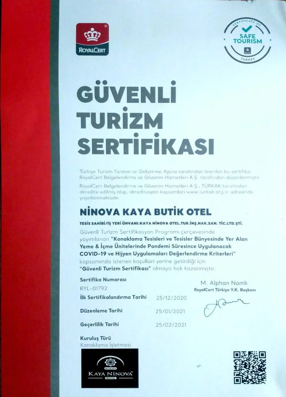 Certificate/Award in Kaya Ninova Hotel