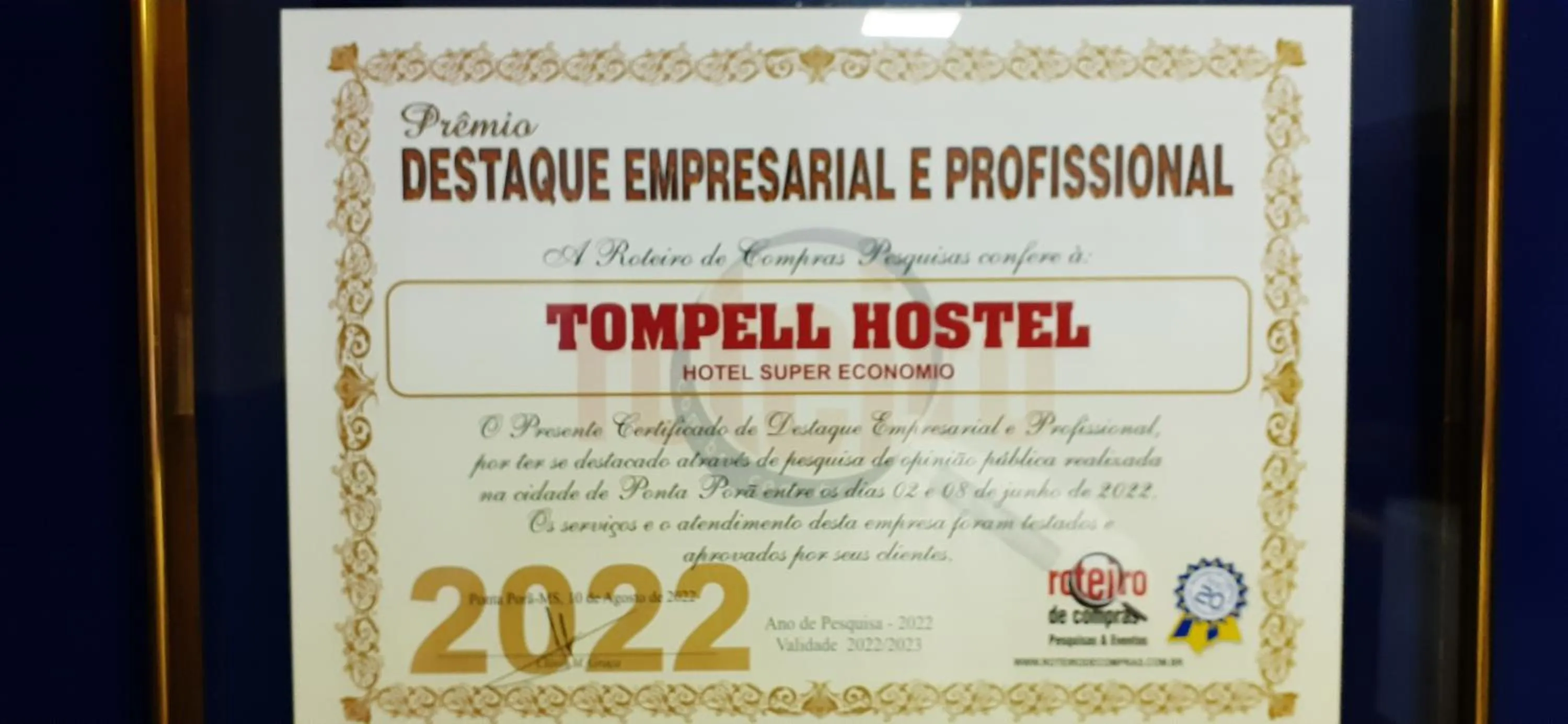 Certificate/Award in Portaria e circulação de hóspedes só até 23 horas - Reabre às 5 horas - Pousada Bem-te-vi Tompell