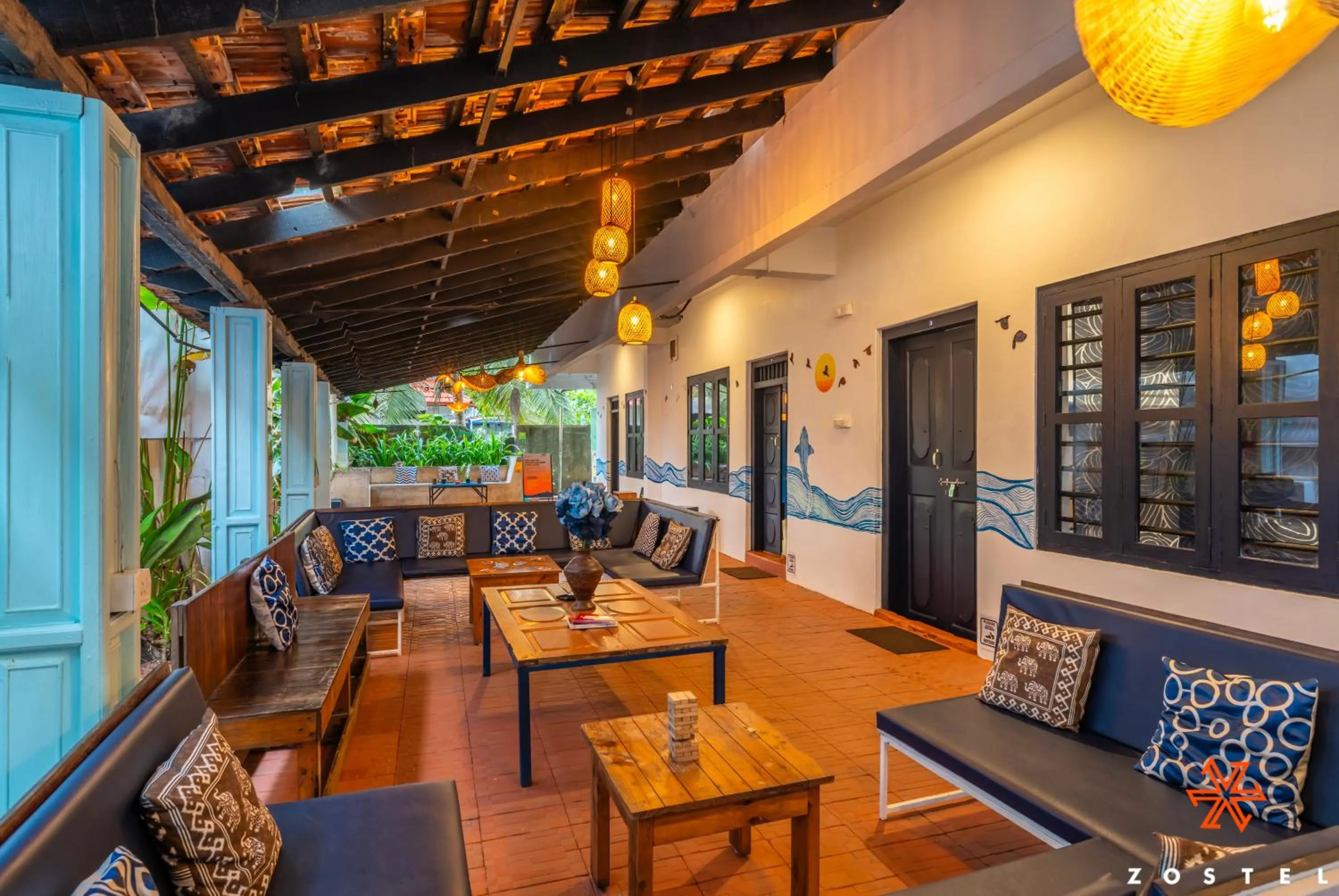 Seating area in Zostel Alleppey