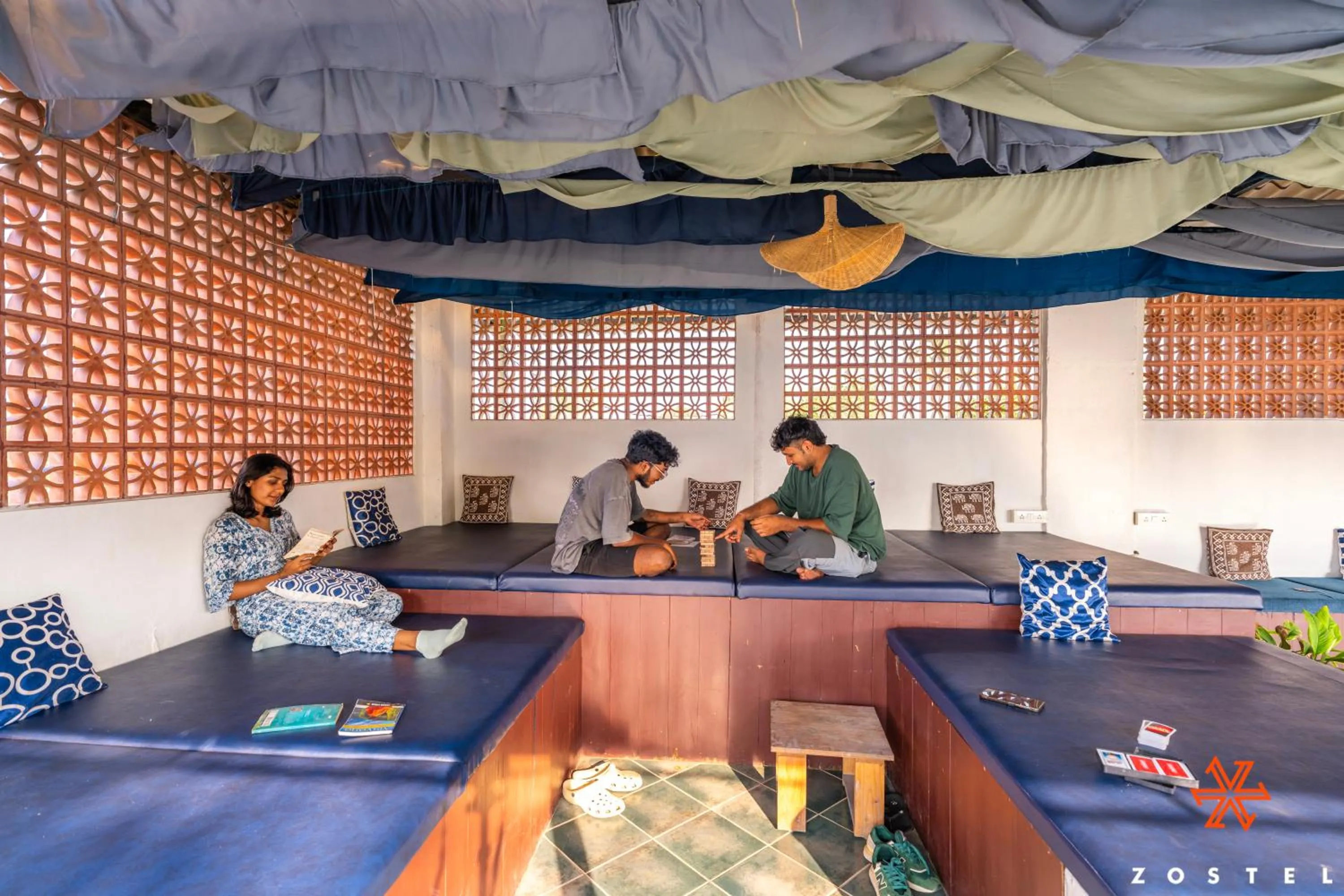 Seating area in Zostel Alleppey