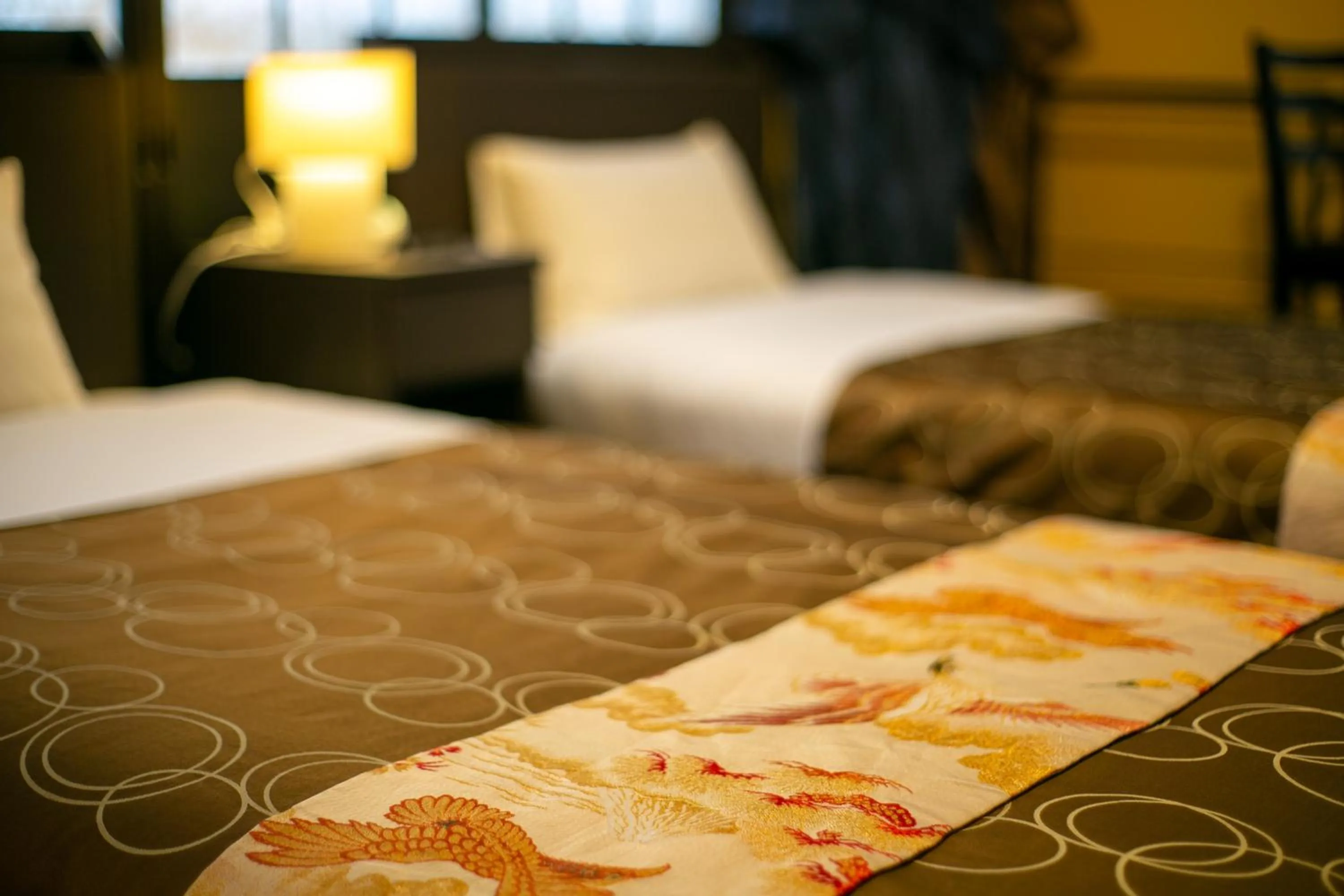 Decorative detail, Bed in Yufuin Lamp no Yado